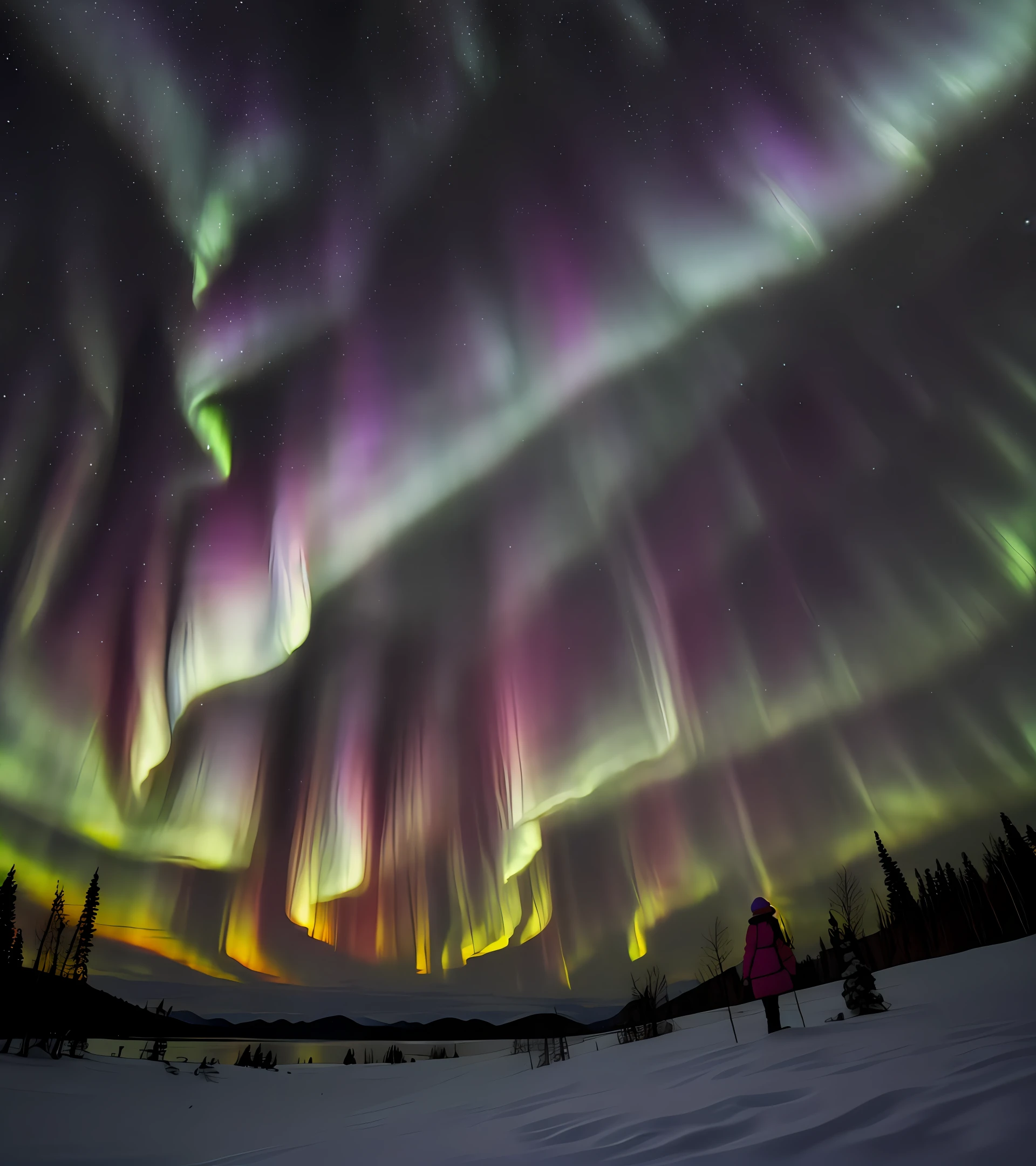 The aurora,purpleish color,a person