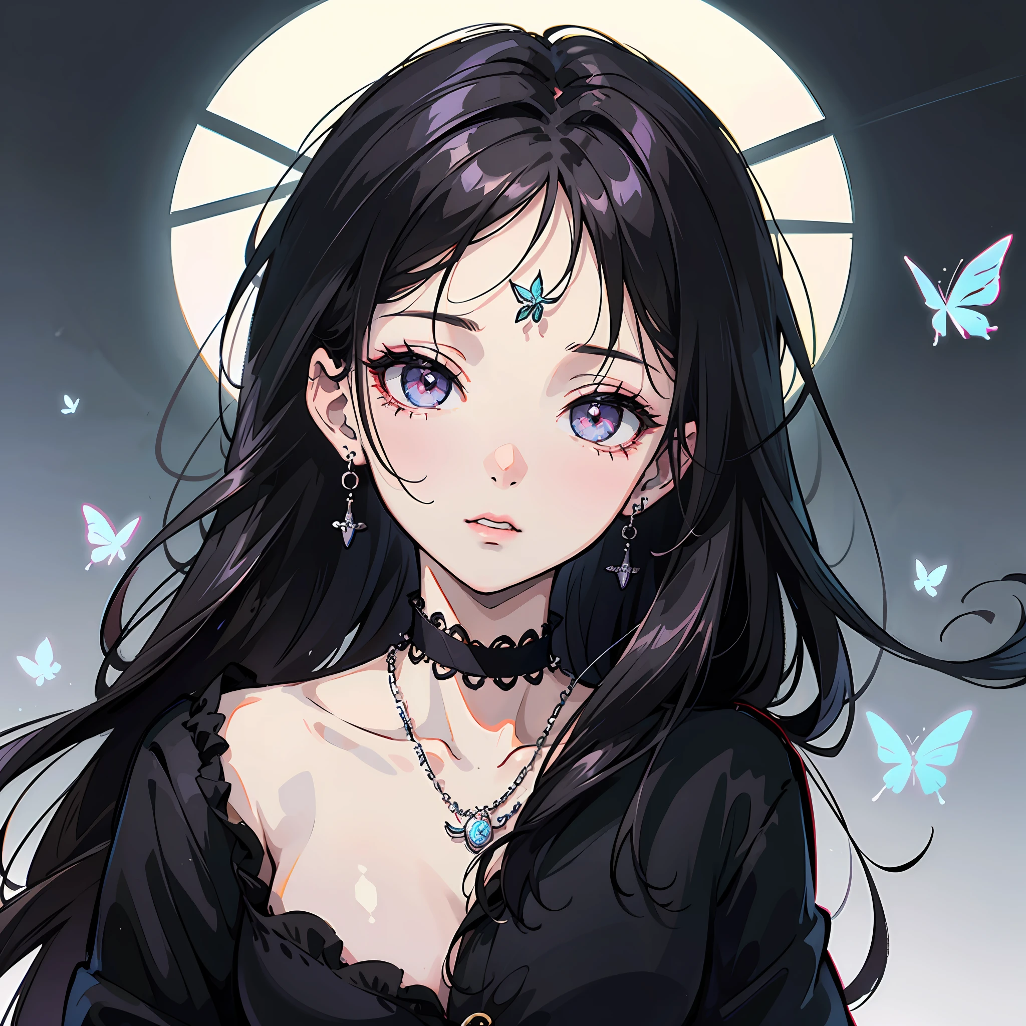 a close up of a person with a butterfly necklace on, cruel korean goth girl, ulzzangs, aesthetic cute with flutter, wearing a choker, style of junji ito, She has black hair,By bangs, wearing black choker, necklace around the neck, Inspired by Ma Yuanyu, hair blackbangs hair, choker around neck, goth girl aesthetic --auto