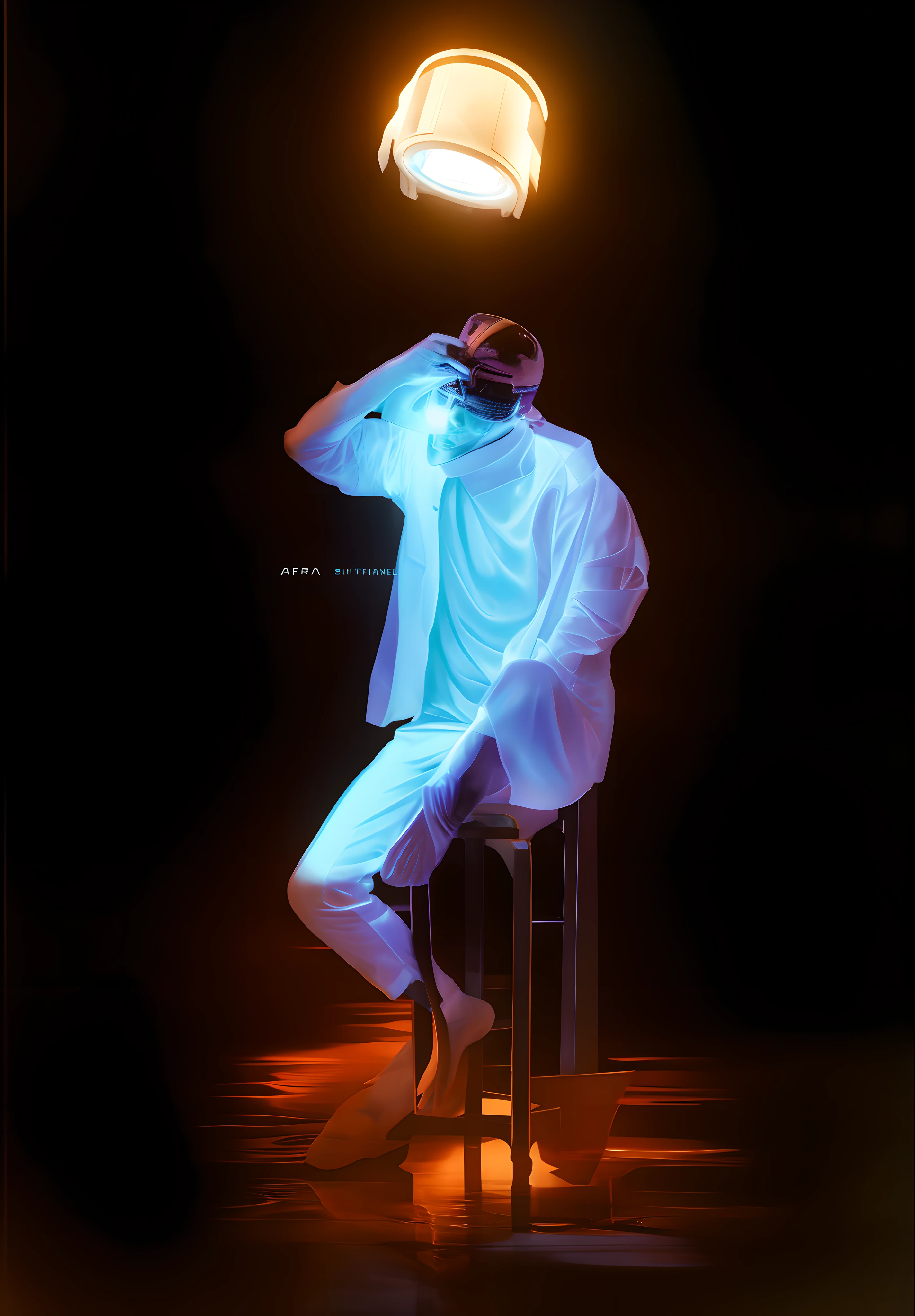 The Arafad man sat on a stool，There is a light overhead, virtual self, [ Realistic photo ]!!, photo manipulation, hyung tae kim, hyung-tae kim, hyung - tae kim, thinker, author：Shitao, korean artist, creative photoshop, futuristic tetsuo, hyung tae, author：Kim Eun-hwan, jimin