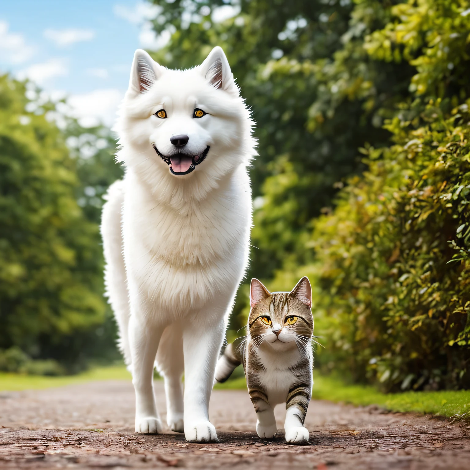A dog of Samoyed breed in a park, Correndo com um gato, tudo bem colorido em estilo de pintura