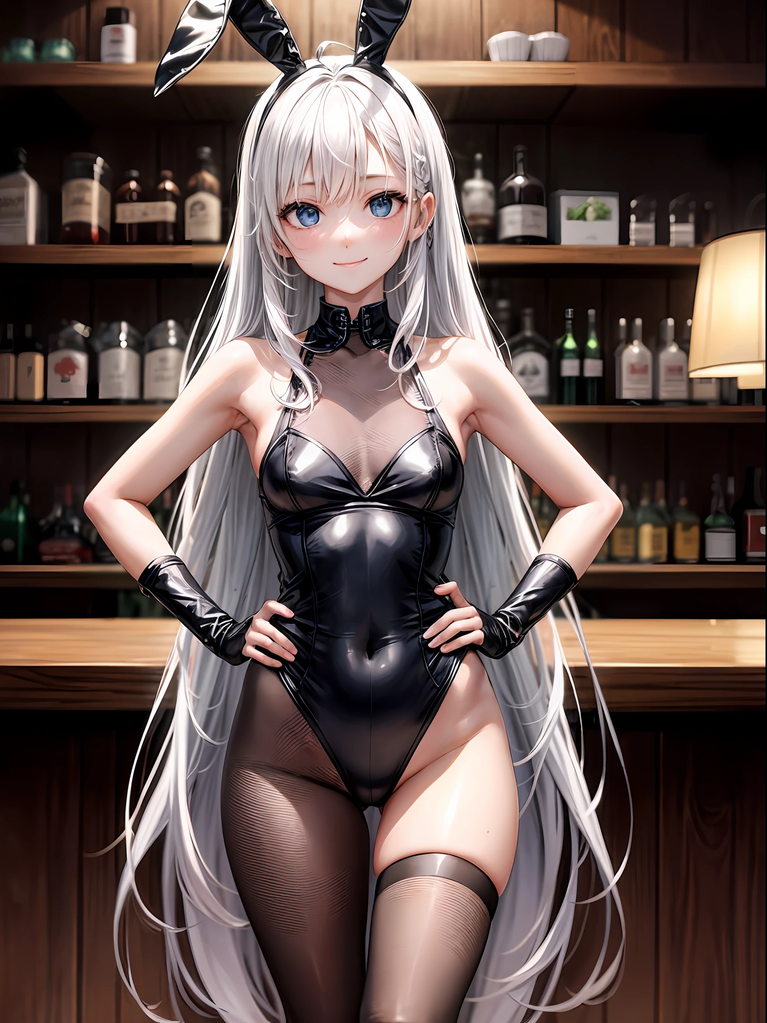 beste-Qualit、1girl in,white hair、Longhaire、Blue eyes、Red cheeks、a small face、A smile、Black Bunny Girl:1.4、hugetits:1.2,Constriction、Thin leg、Tights with mesh pattern:1.3、View here、Standing position、Put your hands on your hips、Angle night from diagonally above、Dim lighting、empty of people、Girls Bar:1.5、Background blur