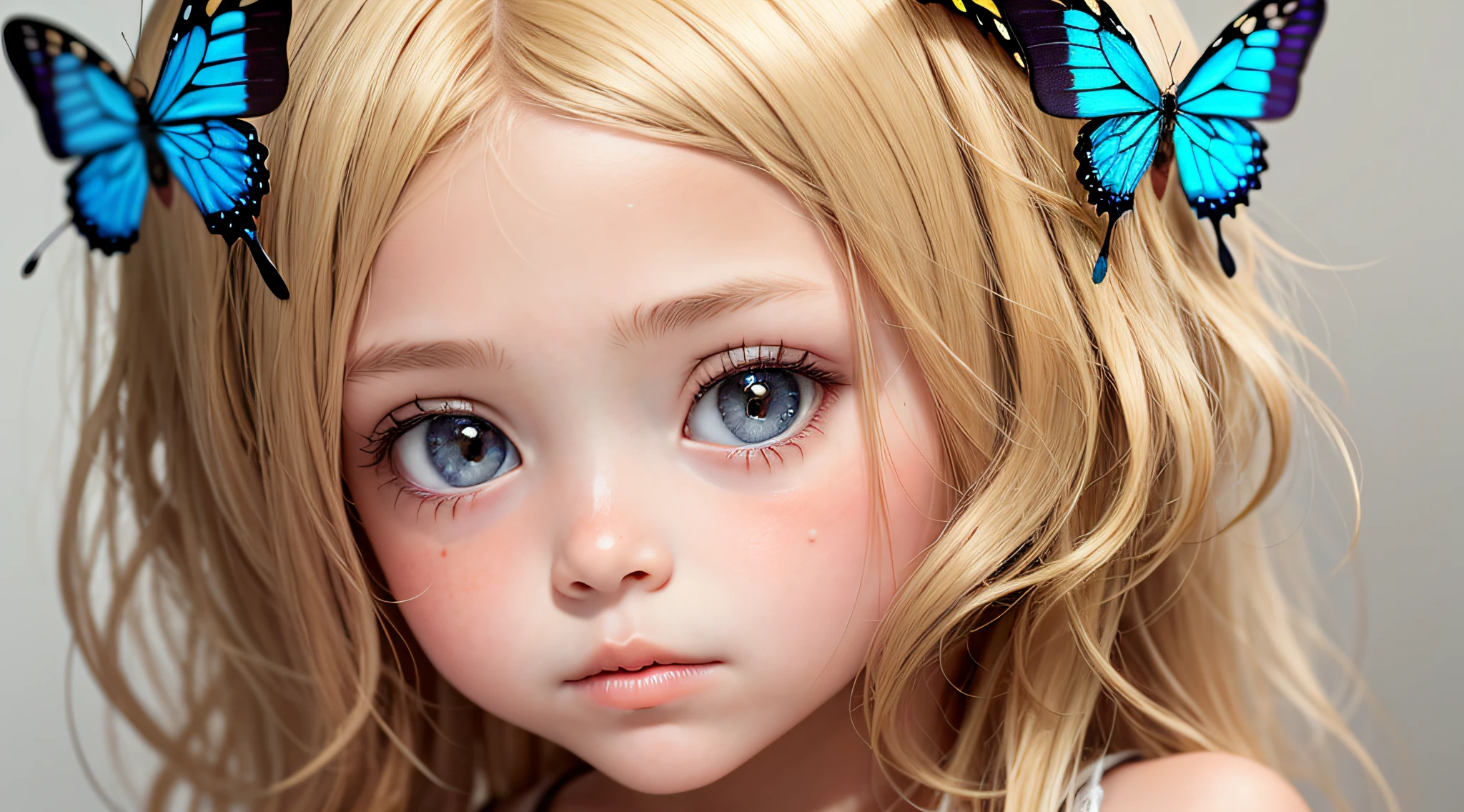1CHILD GIRL, Close-up, (BUTTERFLY ON HEAD IN BLONDE LOCKS ), olhos vermelhos brilhantes.