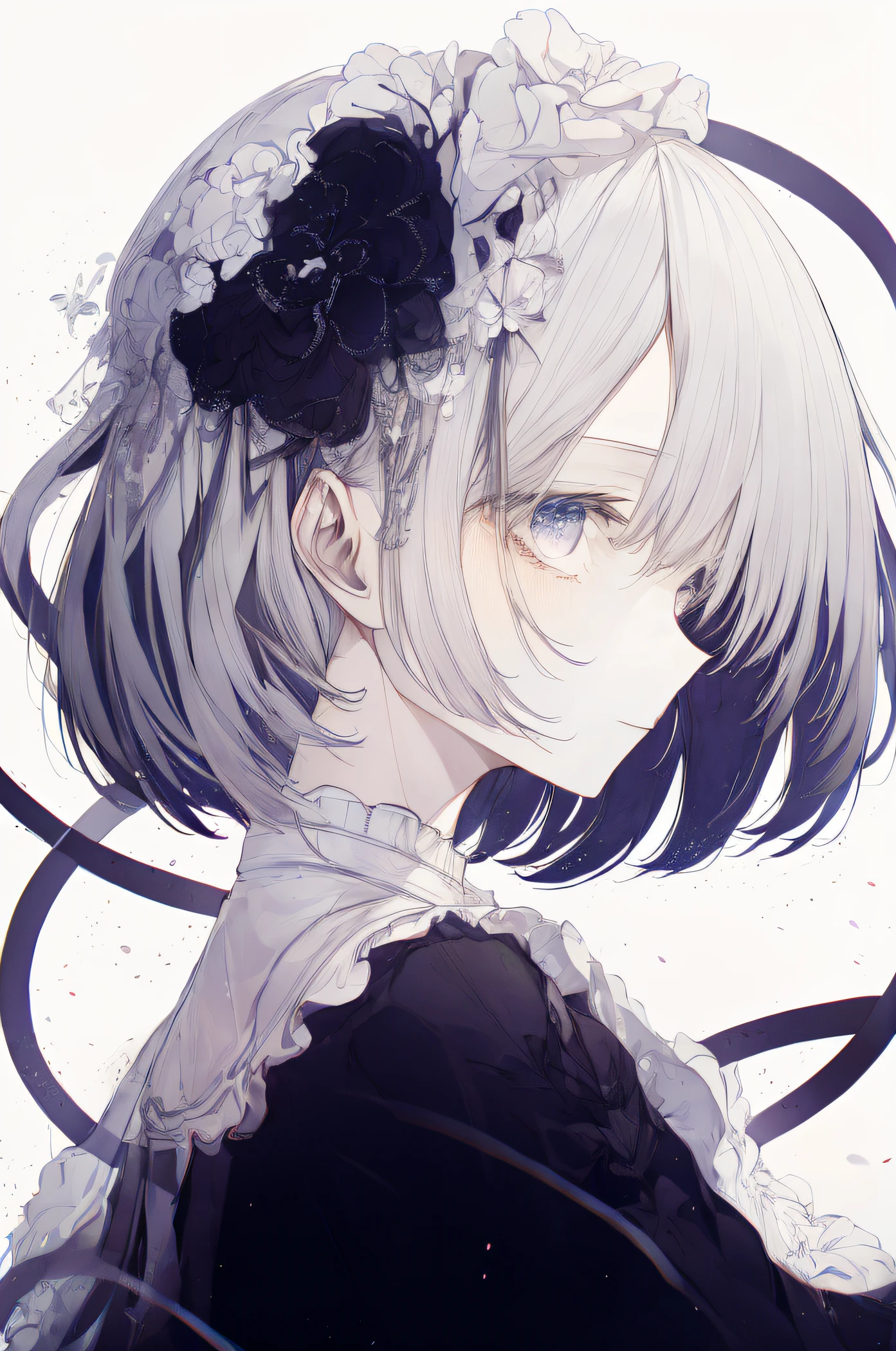 Best Monochrome Anime Portrait:Gray hair 1 girl,Solo,blackigeyes,Look far away,Body exhibition(white backgrounid:1.2),White gauze headband,adolable。