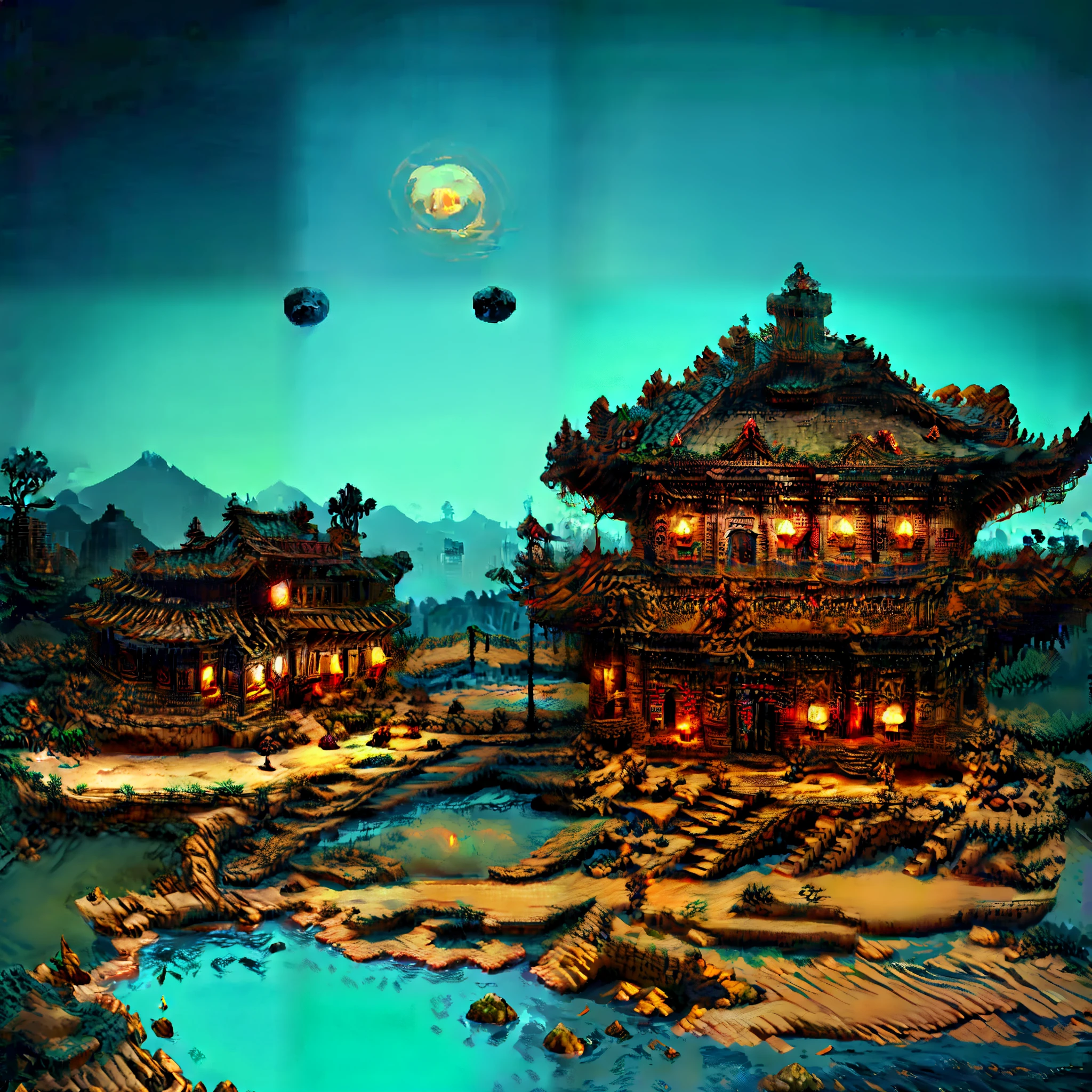 Official Art, Ancient China, Ancient Streets, (Lots of Fireflies), (Night), (Moon), Lights, Beautiful Landscapes, Epic Landscapes, Realistic Lighting, Masterpieces, High Quality, Beautiful Graphics, High Detail, Global Illumination, Unreal Engine Rendering, Octane Rendering, (HDR:1.3)