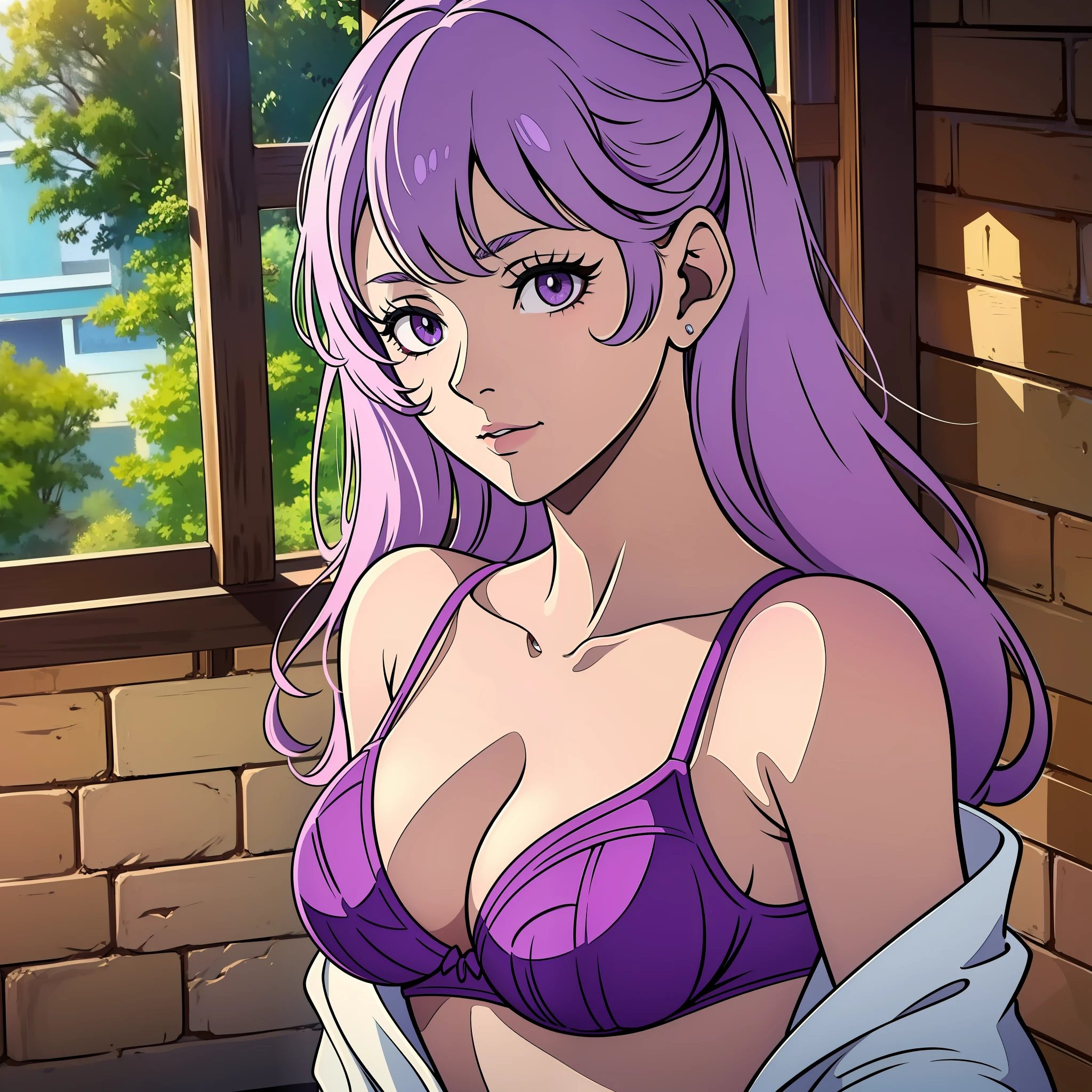 Cabelos brancos, garota, linda, olhos roxos, sentada numa cama de casal, luz do luar, janela aberta, camisa branca transparente na altura das coxas, purple bra. 8k, Detailed animation, desenho perfeito, perfection