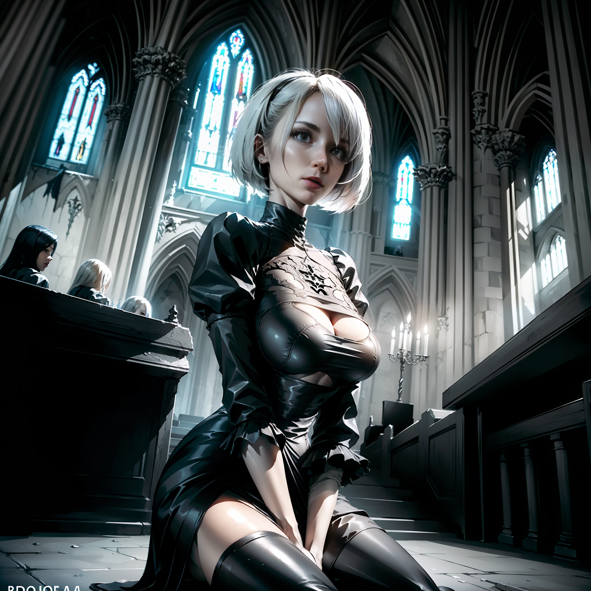 A Gothic Church,An 18-year-old girl,Kneel,DOA,high qulity,Sideways to the audience,head looking up,black color dress,blone hair,blacksilk,medium boob,HD fix,The characters are illuminated,Fine shine,