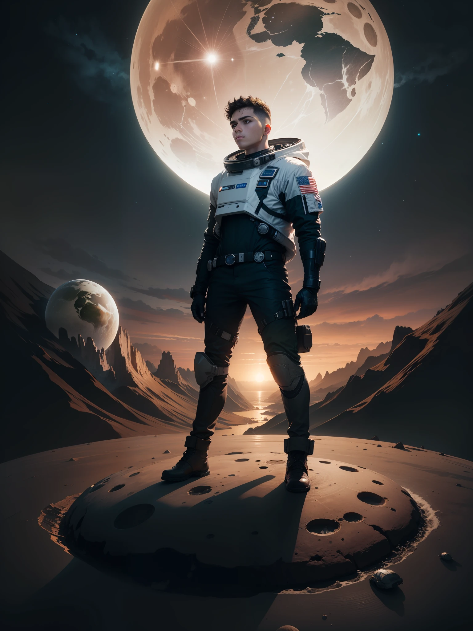 The front of a young man,Standing on the surface of the moon,Lonely and lonely,The distant background is the Earth,A small one-man spaceship was parked next to him,The background is huge,People are small