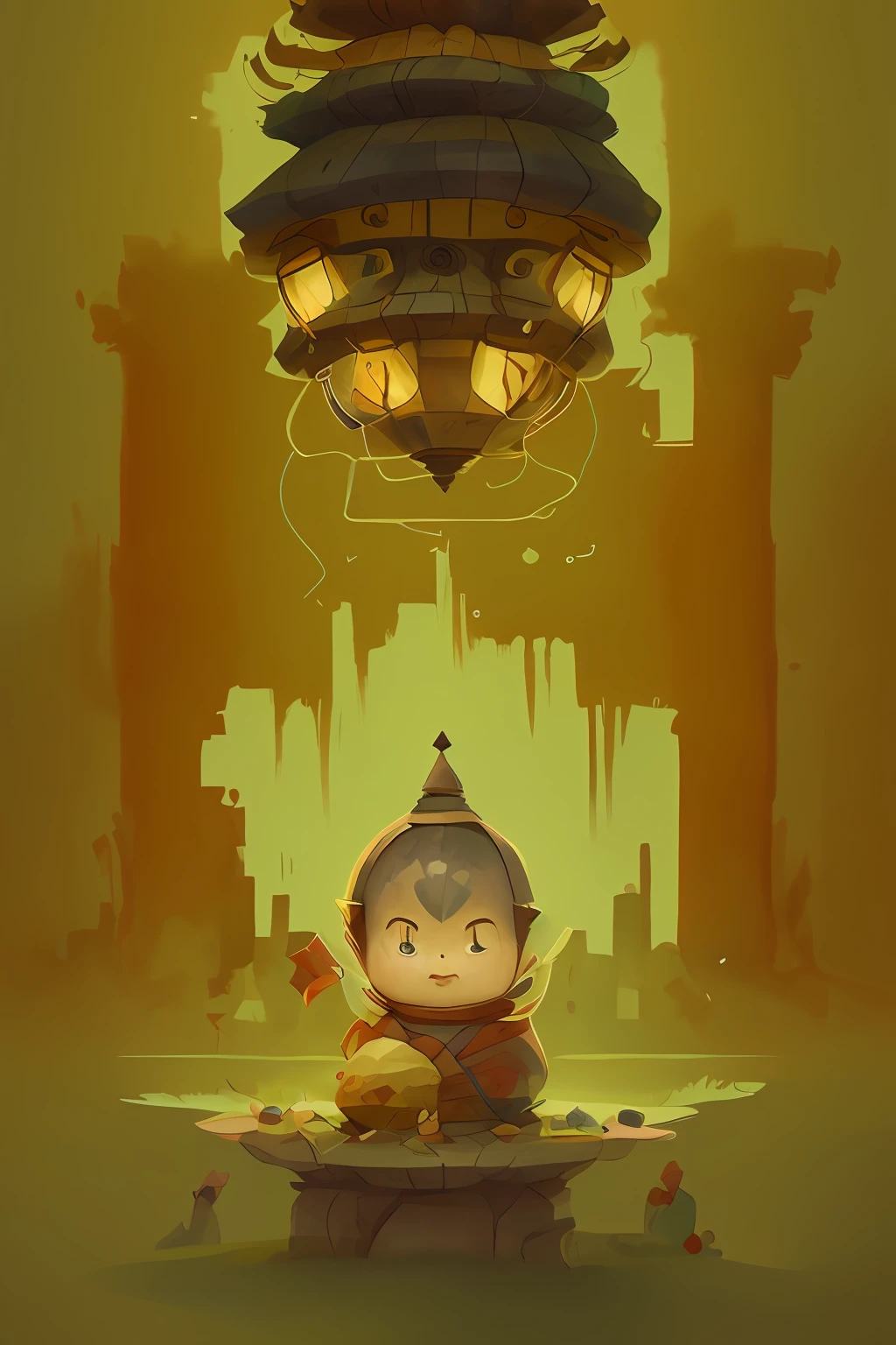 desenho animado de um pequeno monge sentado em um templo com uma lanterna acima, inspirado em Goro Fujita, monge meditar, a beautiful artwork illustration, monge, Arte no estilo de Guweiz, Tithi Luadthong, budismo, Loish e Goro Fujita, serene illustration, Directed by: Goro Fujita, Guweiz, Fundo do templo