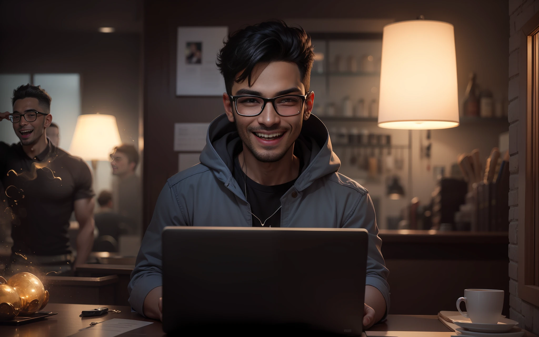 a man with glasses pointing at the camera and smiling, excited expression, portait photo profile picture, man with glasses, excited, high quality portrait, headshot profile picture, excited facial expression, with pointing finger, jayison devadas, attractive man, jewish young man with glasses, confident action pose, happy expression, cheerful expression, very excited, pointing, man finds happiness