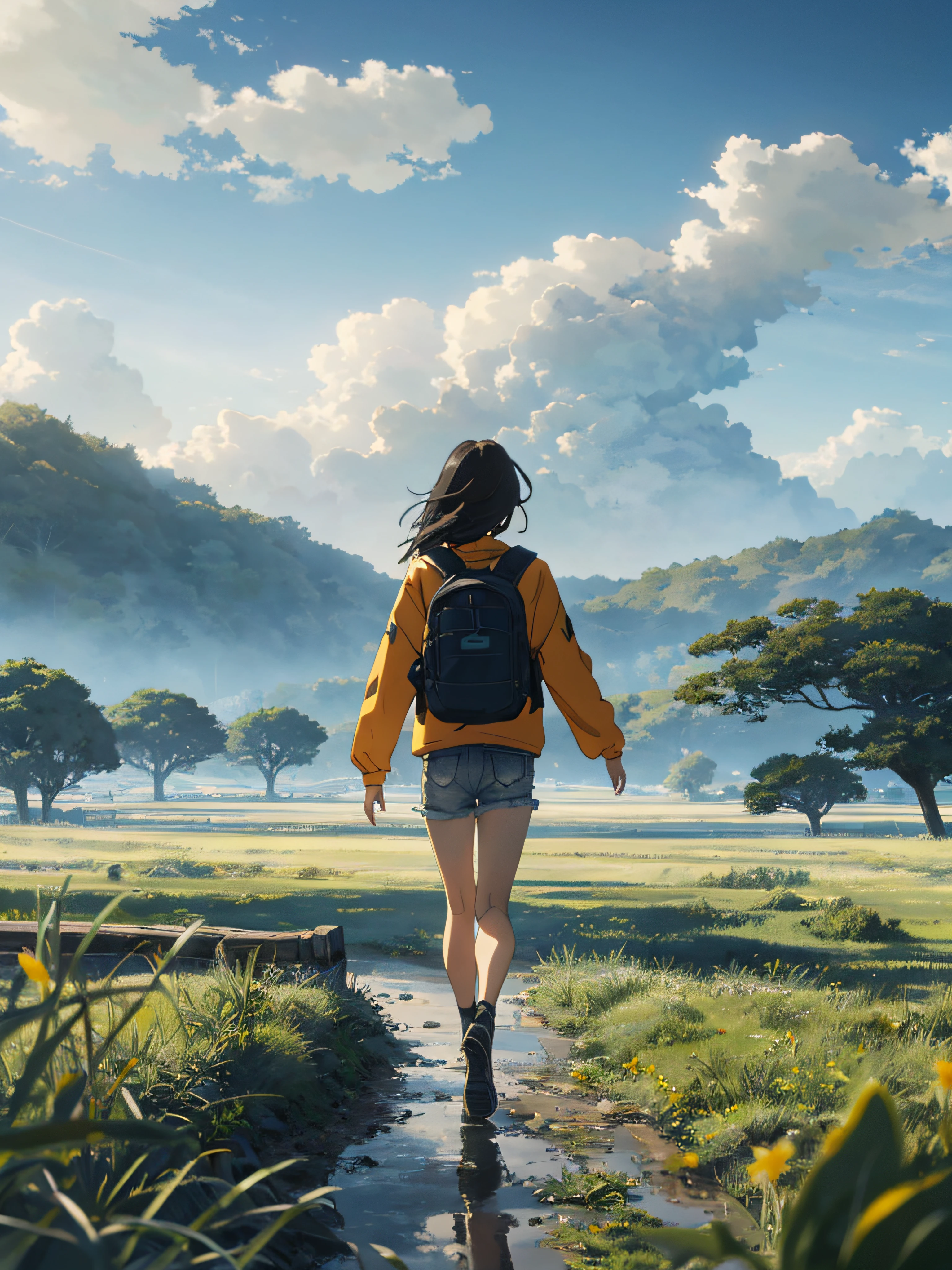 The vast sky, beautiful skyline, large grasslands, extremely tense and dramatic pictures, moving visual effects, the high-hanging Polaris, and colorful natural light. Long-sleeved top, denim shorts, and a girl with a backpack.