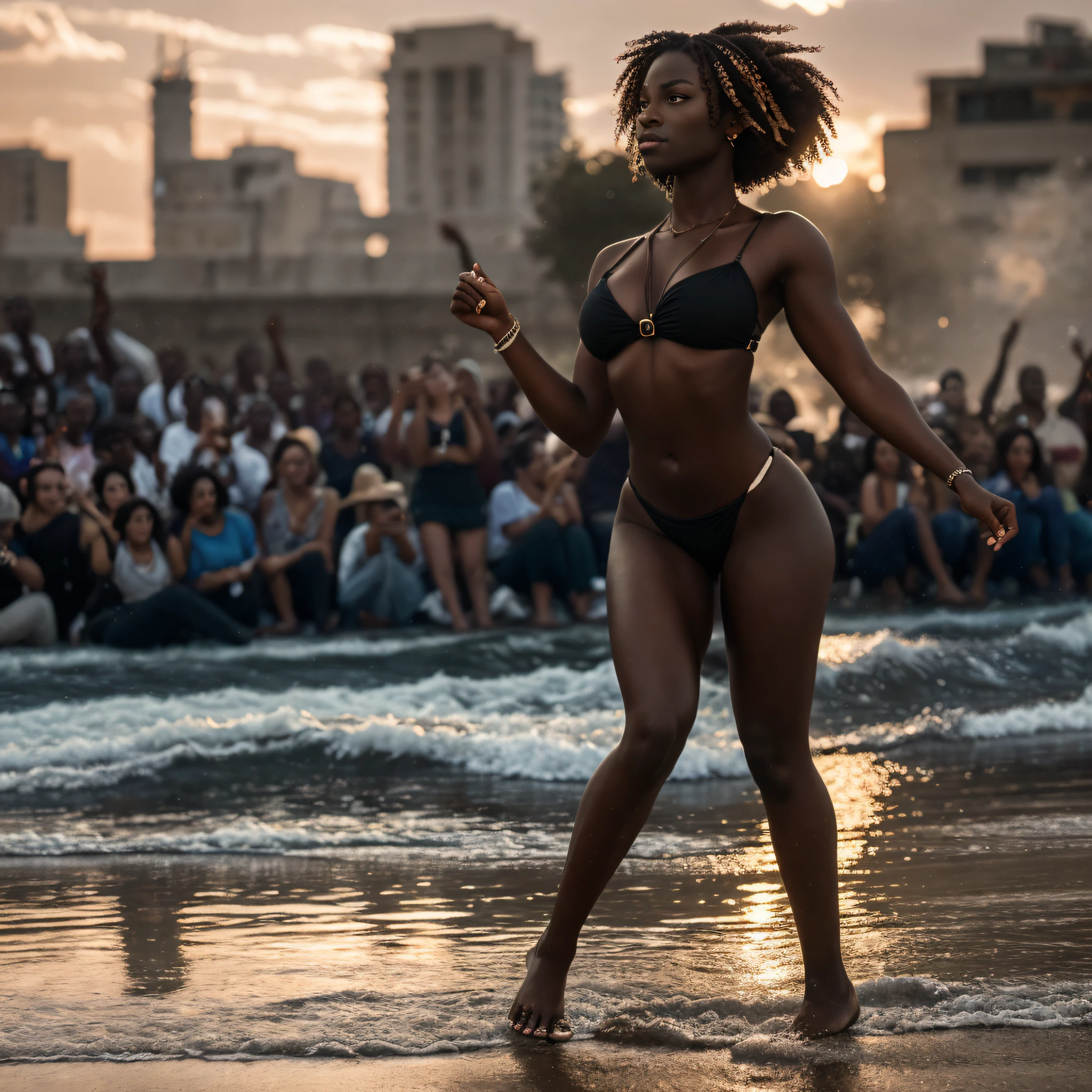 (Best quality, masterpiece), 1 woman, detailed dark skin, short braids, particles, looking at the audience, 8k resolution, contempt, pride, full body, Floating in the air, goddess, bobonong, bare footed, large hips, Hyper realistic, Photography, Picture of the week, RAW, beautiful, (finely detailed skin), African skin, reflections, (masterpiece) (perfect proportion)(realistic photo)(best quality) (detailed) photographed on a Canon EOS R5, 50mm lens, F/2.8, HDR, (8k) (wallpaper) (cinematic lighting) (dramatic lighting) (sharp focus) (intricate)