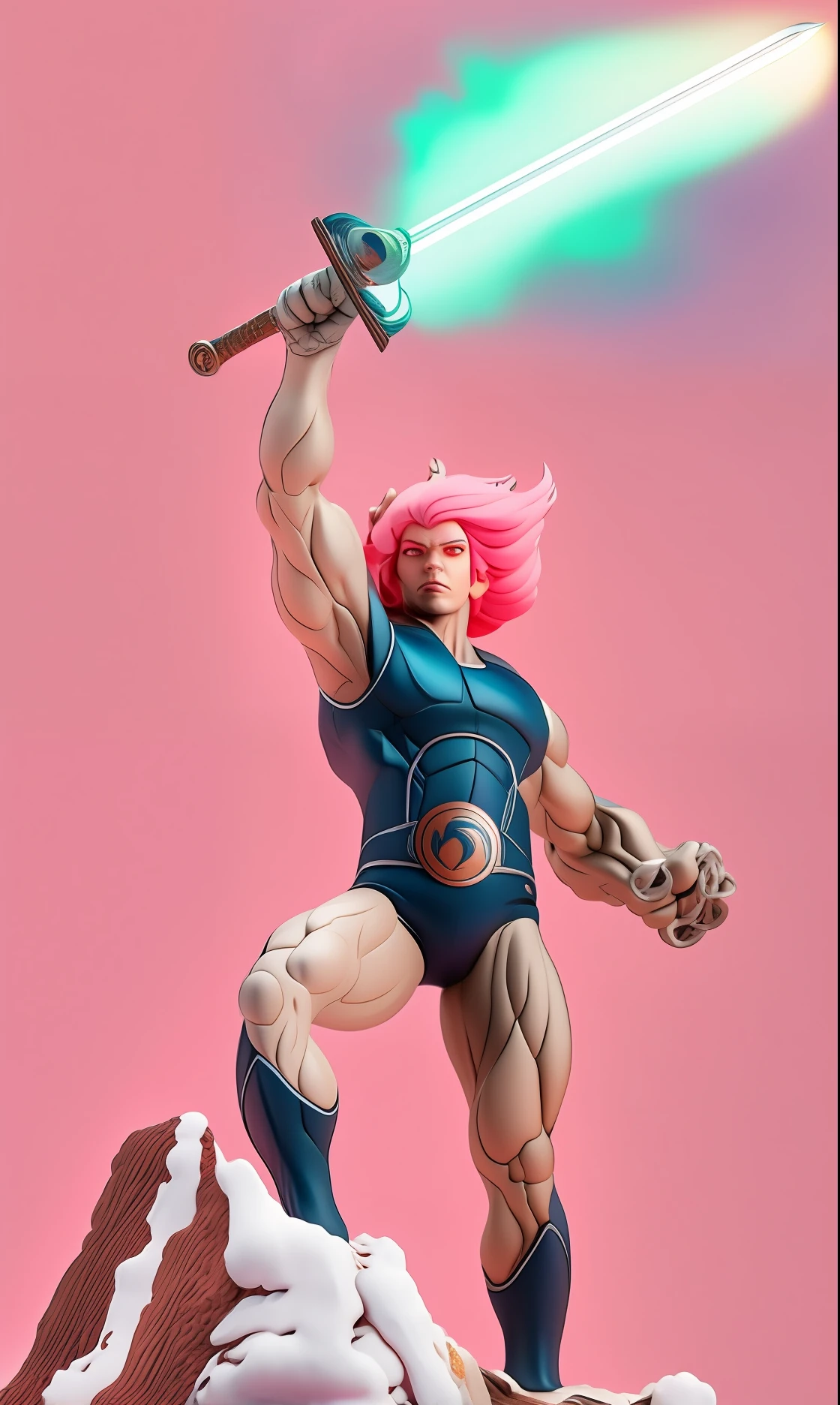 3d colorido do desenho do thunder cats ,cabelos vermelhos realista , pele realista e natural , espada metalica com um reflexo de luz , color ultra realista, fundo sombrio , imagem 32k