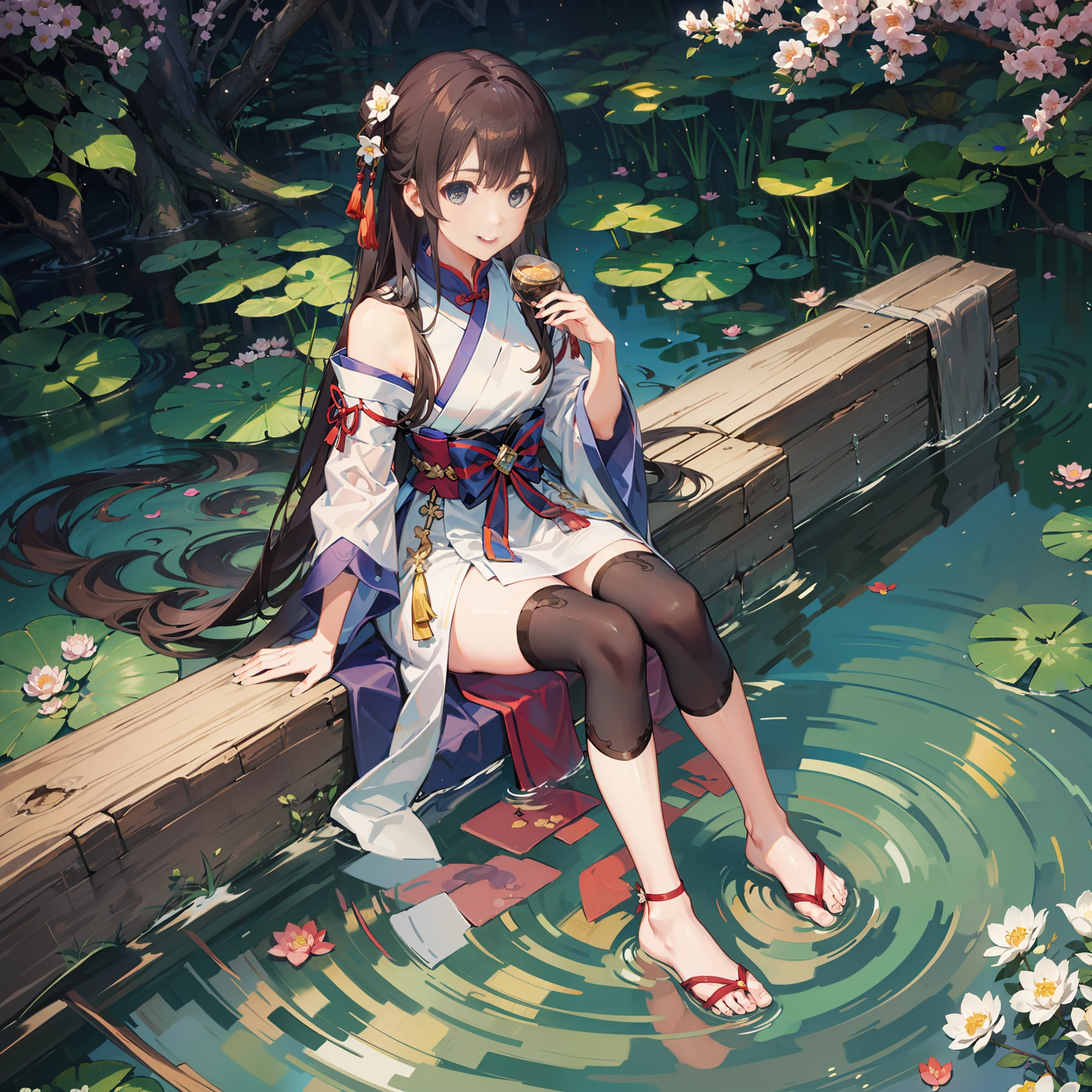 walnut，（Characters in Genshin：walnut），((4K,巨作,Best quality)), shuimobysim, Traditional Chinese painting, lotuses, Hanfu, maxikit, Dress conservatively 1girl, Solo, Blue long hair, ssmile, standingn, feet in water, bare footed, （A beautiful starry sky）（Highest quality details），（exquisite and beautiful eyes：1.3）