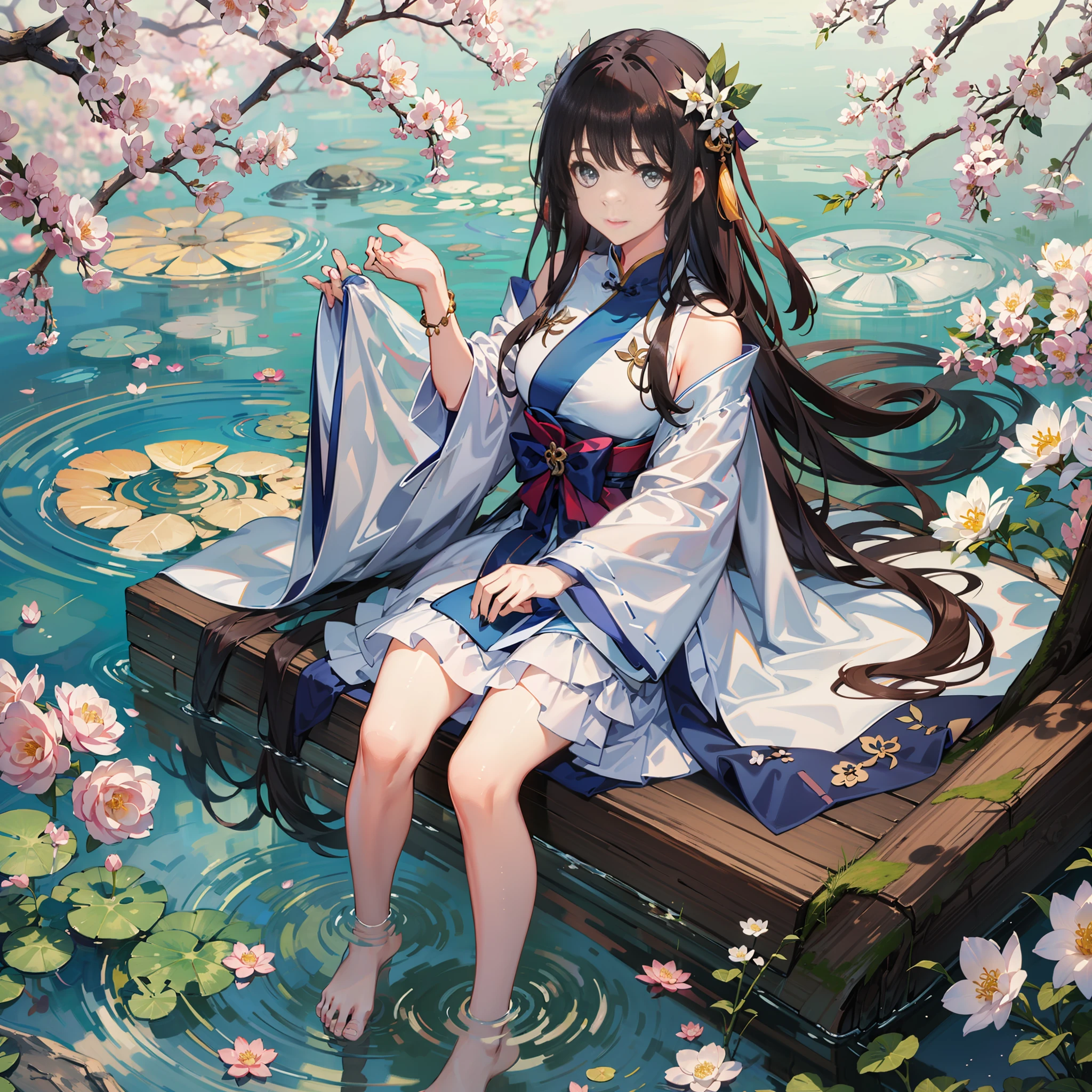 walnut,(Characters in Genshin:walnut),((4K,巨作,Best quality)), shuimobysim, Traditional Chinese painting, lotuses, Hanfu, maxikit, Dress conservatively 1girl, Solo, Blue long hair, ssmile, standingn, feet in water, bare footed, (A beautiful starry sky)(Highest quality details),(exquisite and beautiful eyes:1.3)