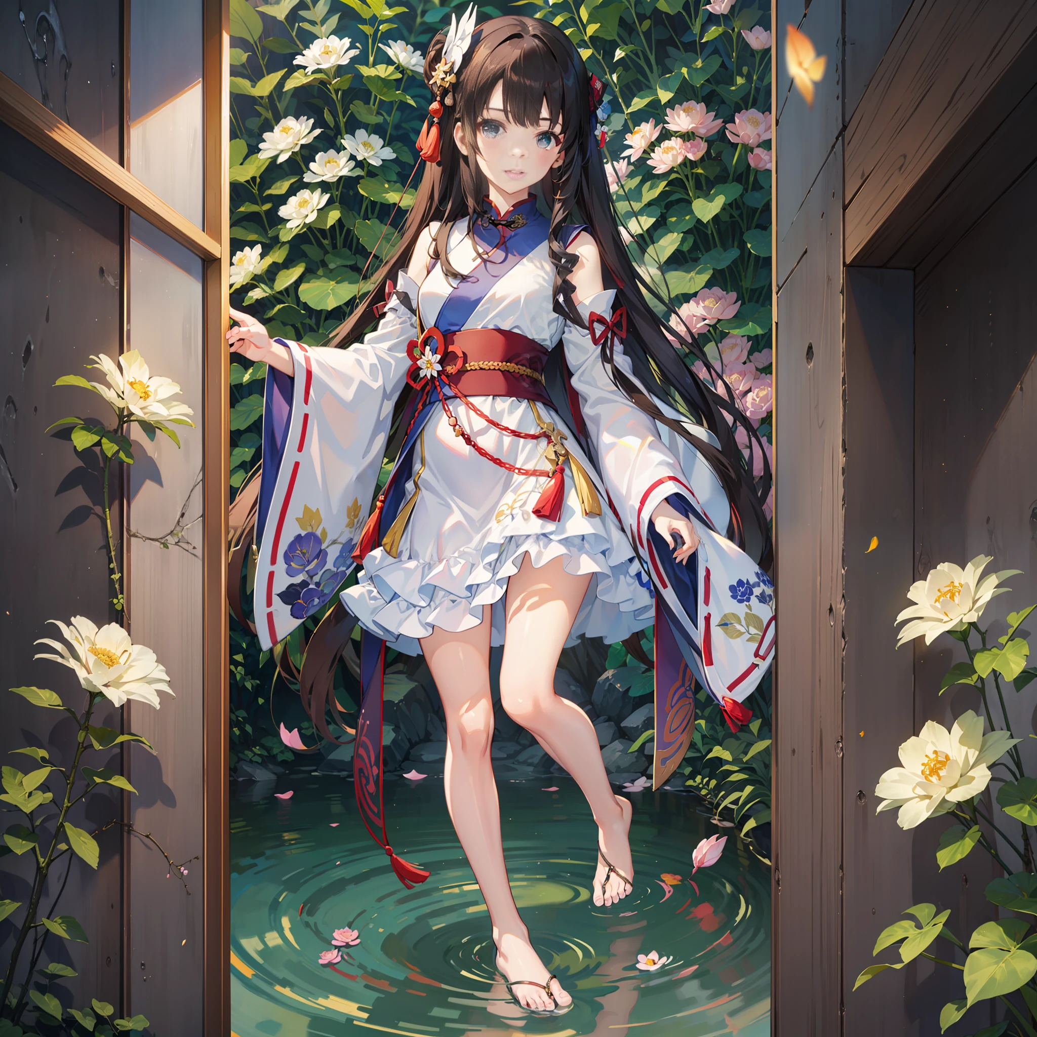 walnut，（Characters in Genshin：walnut），((4K,巨作,Best quality)), shuimobysim, Traditional Chinese painting, lotuses, Hanfu, maxikit, Dress conservatively 1girl, Solo, Blue long hair, ssmile, standingn, feet in water, bare footed, （A beautiful starry sky）（Highest quality details），（exquisite and beautiful eyes：1.3）