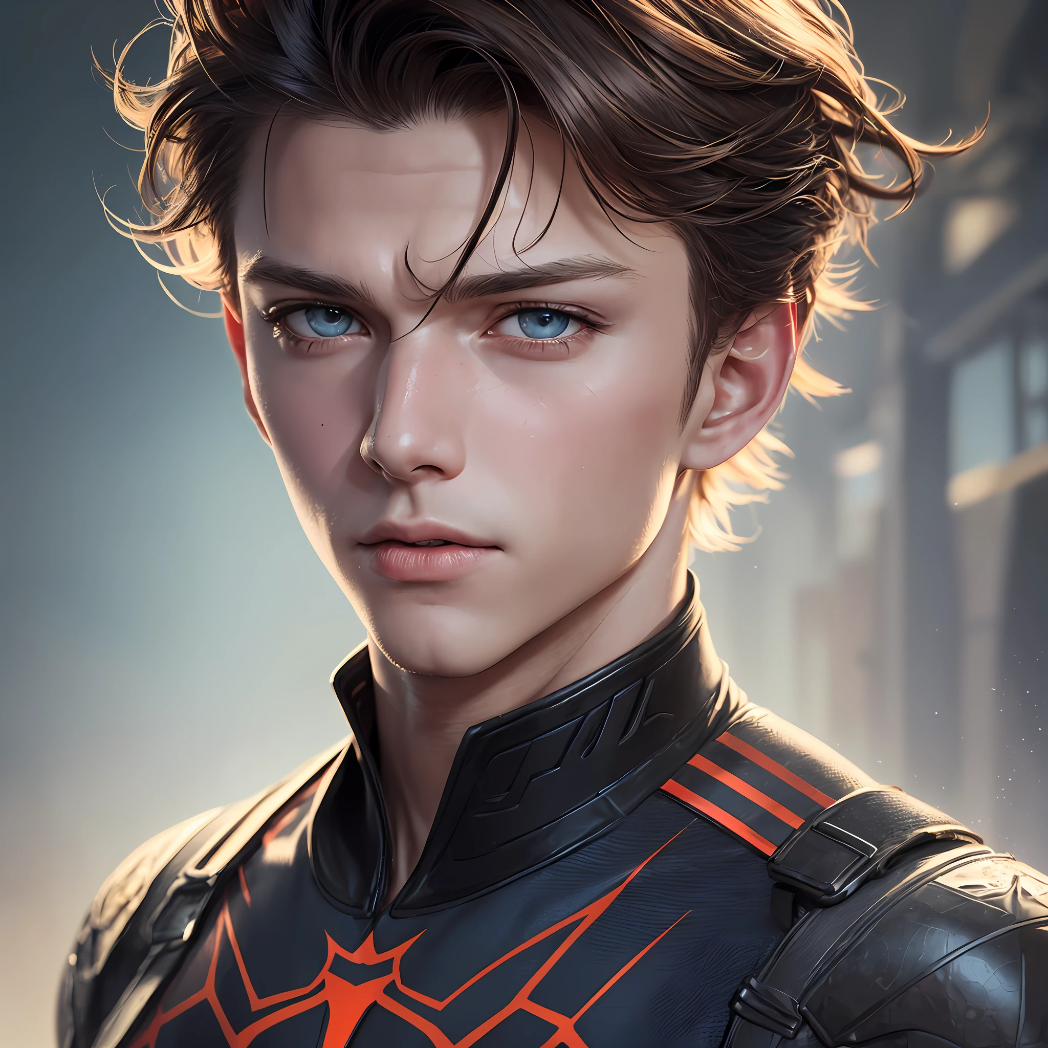 (Award Winning Digital Artwork:1.3) of (Sketch:1.3),(Energetic:1.3), TomHolland,CGSociety,ArtStation,(Saturated:1.3),(close portrait:1.3),(Masculinine:1.4),(beautiful:1.4),(attractive:1.3),handsome,calendar pose,perfectly detailed eyes,studio lighting, Spider web thematic background --auto