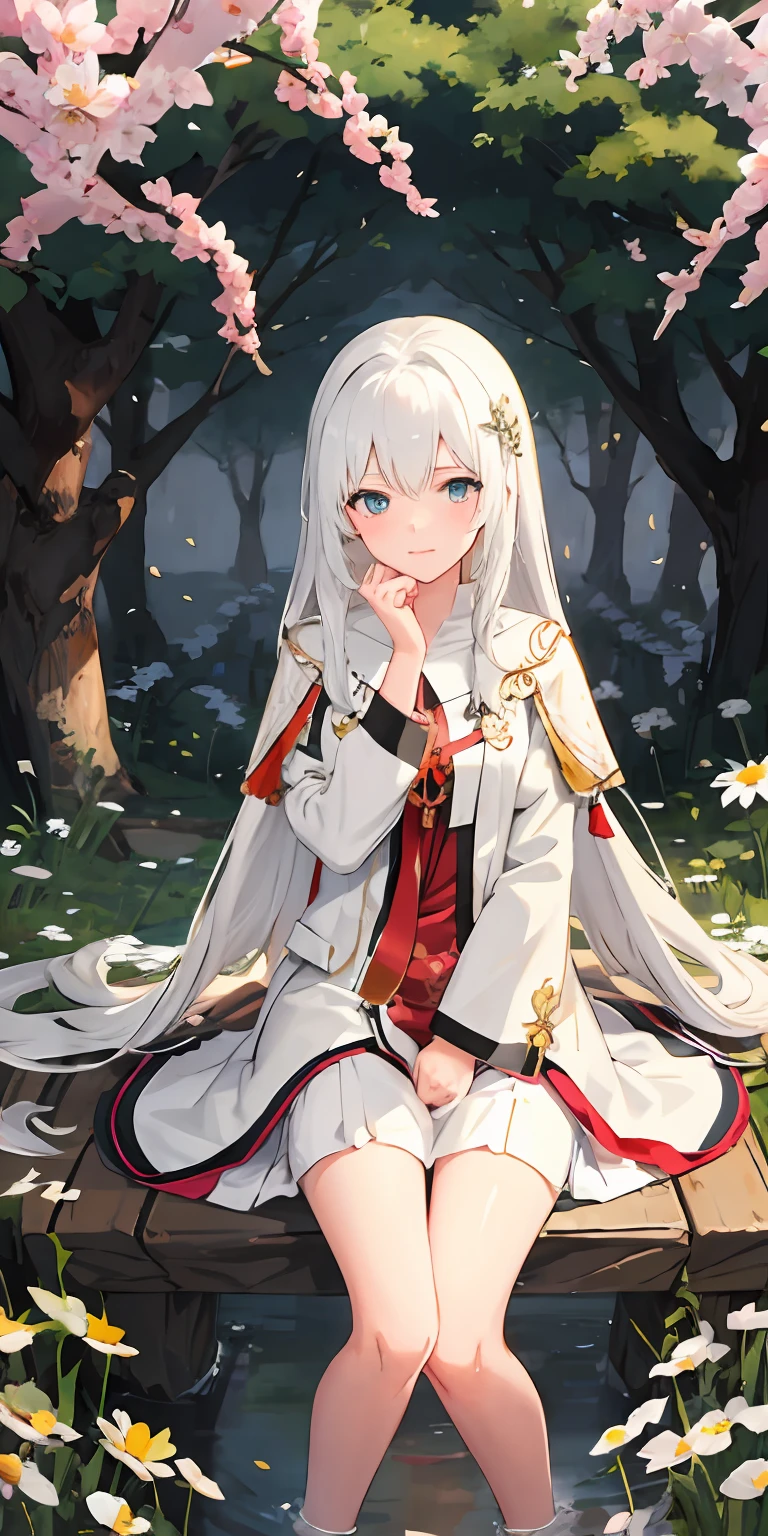 Anime girl sitting in a daisy field,hand on chin, white-haired god, white haired Cangcang, white haired lady, goddess of nature, White-haired, beautiful age girl, Flowing white hair, Girl with white hair, Beautiful image, with long white hair, spring goddess, Perfect white haired girl, elfic priestess, anime illustration