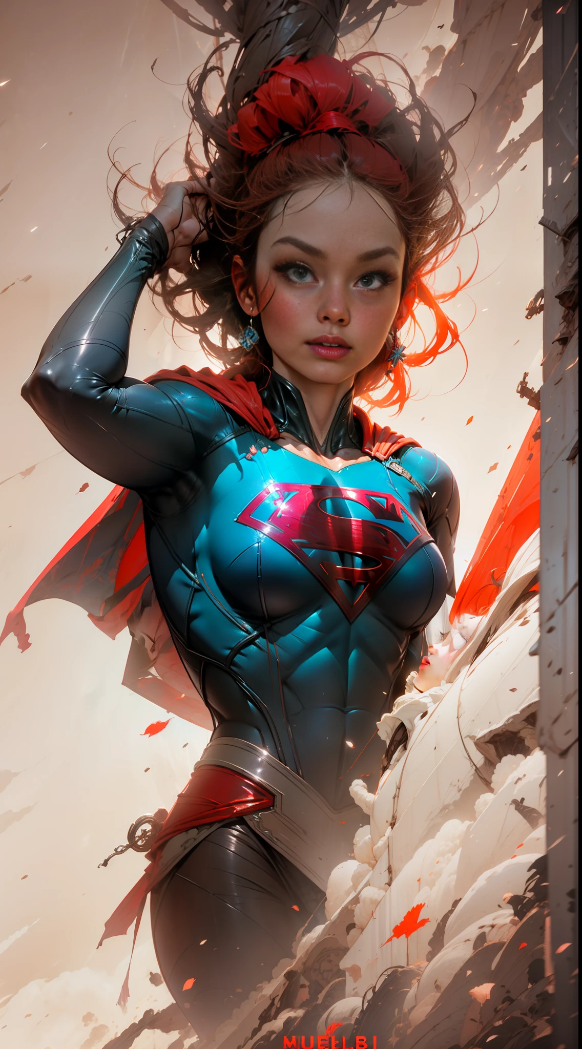 Supergirl, mulher adulta de cabelo LOIRO LONGO, cosplay de supergirl, flutuando sobre o ar, longa capa vermelha nas costas, rosto perfeito e lindo, unreal engine 5, 8k.