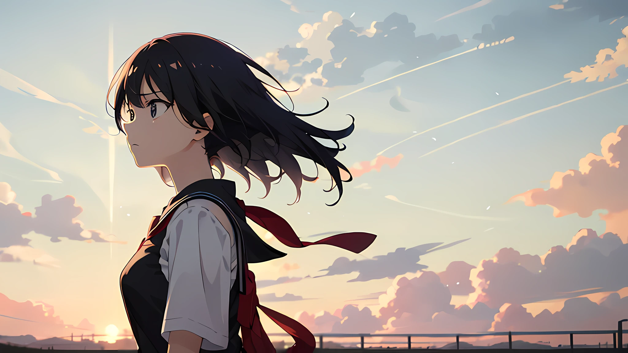 Skysky,s girl,light wind,Wallpapers,Turn Back,anime big breast,Heads-up,high-school student,Sad,Upper body body,Landscape orientation,cinematic ligh