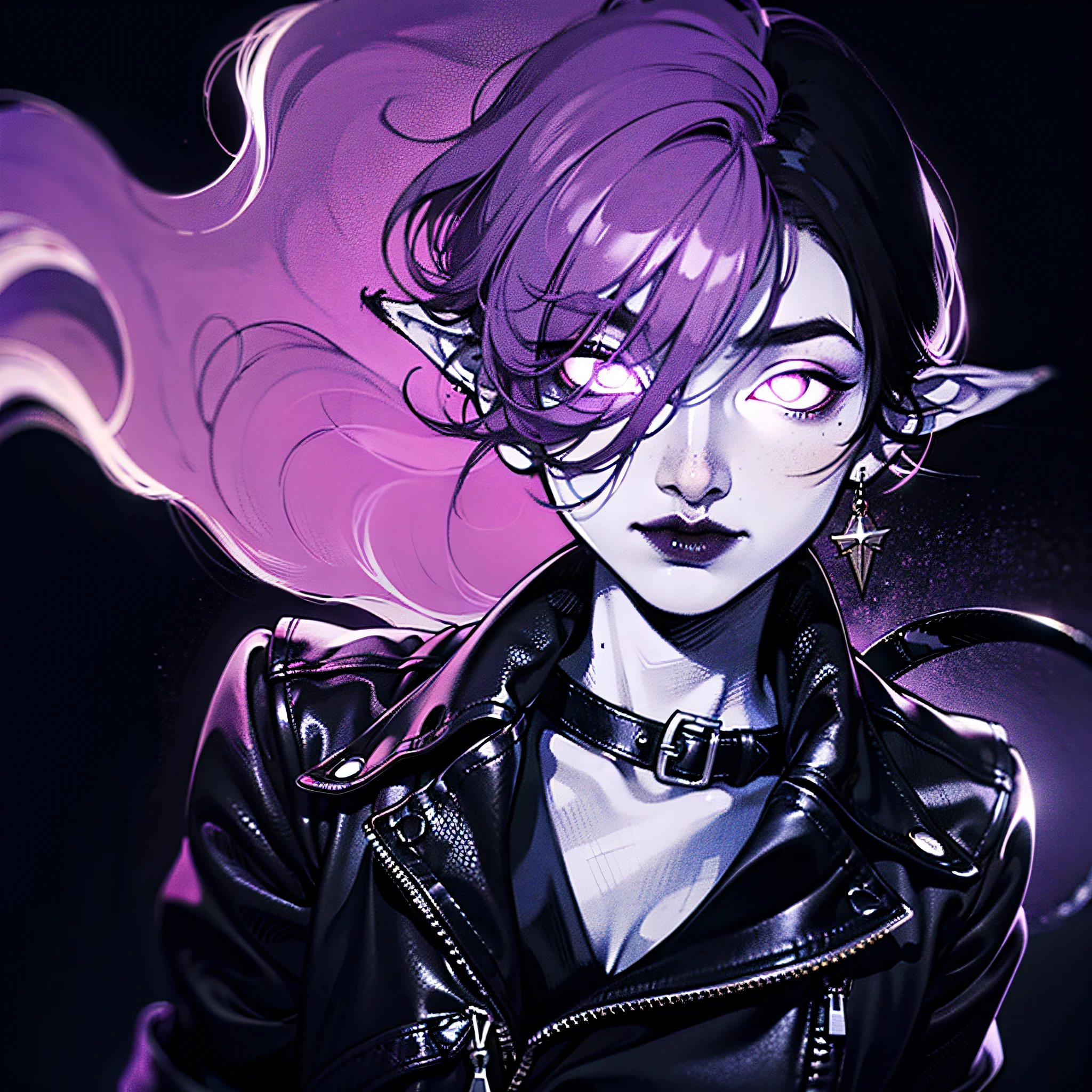 (ultra-detailed CG unity 8k wallpaper, Masterpiece, Best Quality, many intricate details),(Dark background, demonic reference),(1girl, Demon, dark skin, pale eyes, shaved temples, muscled body, leather jacket),(独奏),(femininity, Beautiful facial features, dark makeup, nose with a hump), one girls, standing with a cigarette, Dark background, purple lighting, burning empty eyes, Detailed Face, many details, detailled eyes