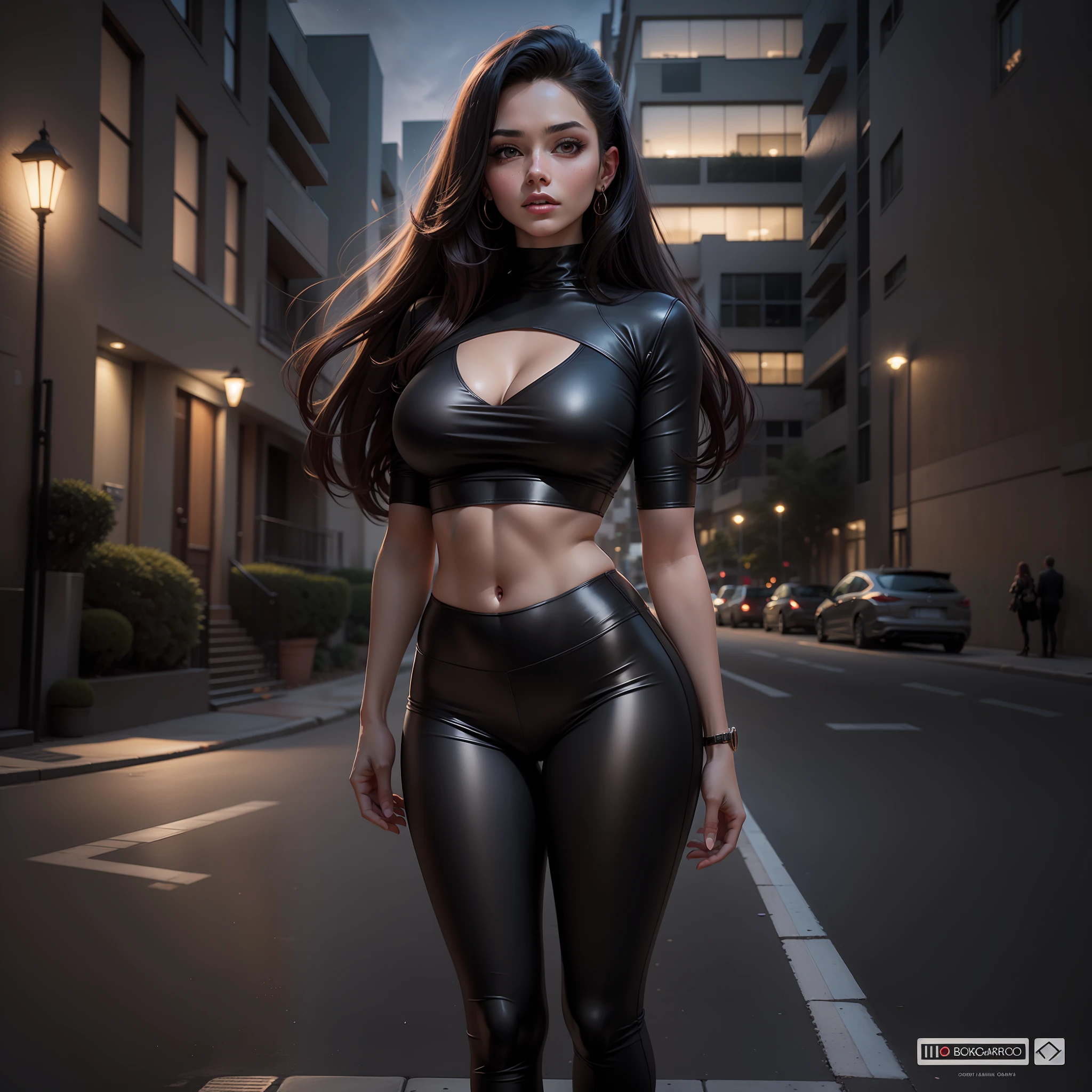 imagem ultrarrealista e ultra-detalhada de uma mulher bonita, corpo atraente, cabelo preto liso, pele bronzeada, maquiagem, Blouse with black neckline and legging pants, on a sidewalk in front of a residential building, noite