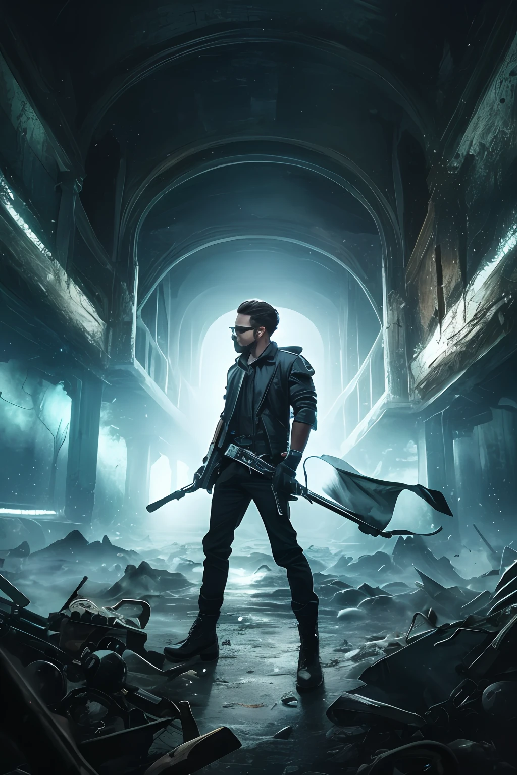 best qualtiy,A high resolution,male people,Black tech clothing,skulls,handheldweapons,detailedbackground,