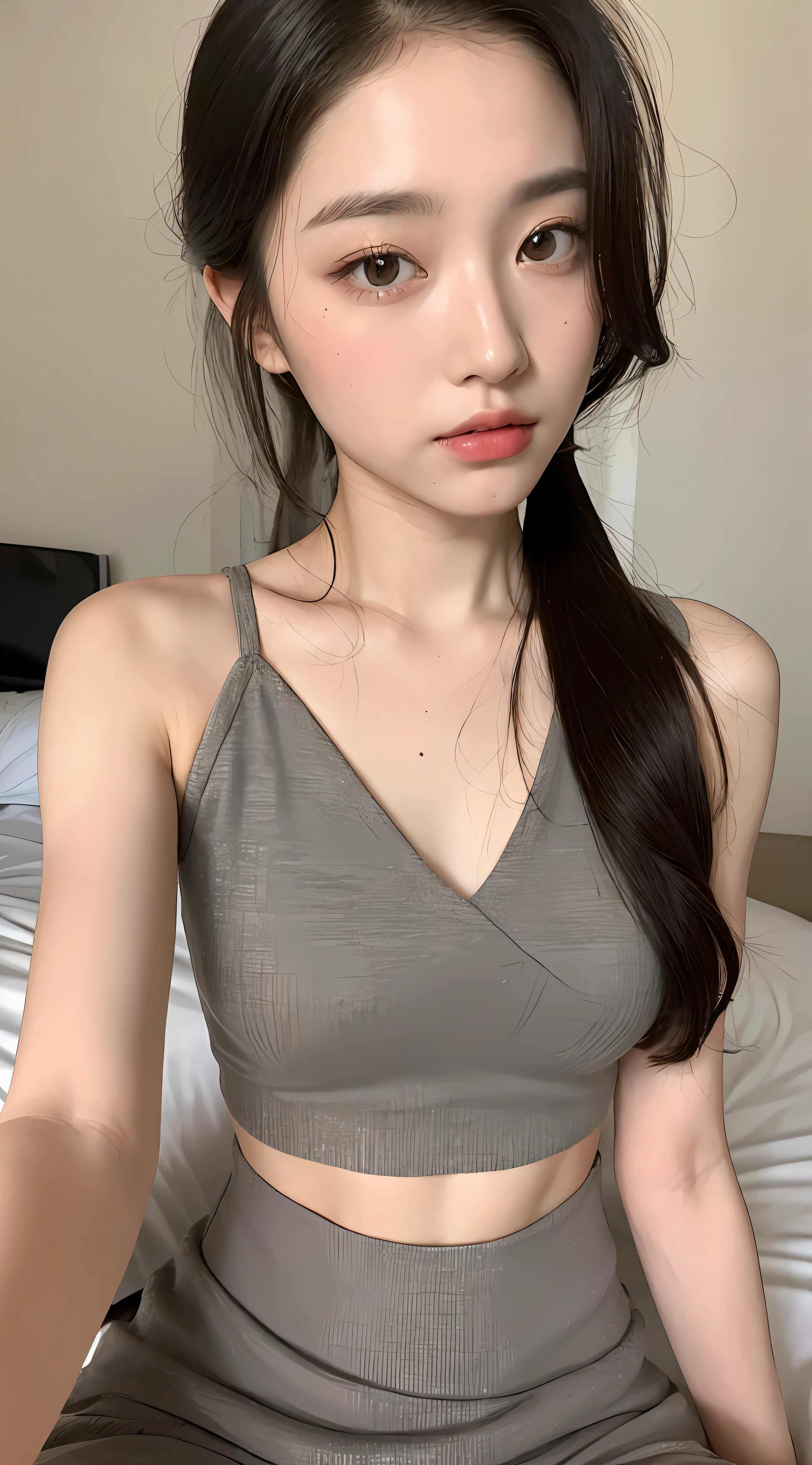 ((Top Quality, 8k, Masterpiece: 1.3)), Beauty, Hidden Face, 1 Girl, Beauty: 1.3, Slender Abs: 1.1, Beautiful Summer Clothes, Random Hairstyle, (Sitting on Bed), Ultra-detailed Face, Highly Detailed Lips, Detailed Eyes, Double Eyelids,