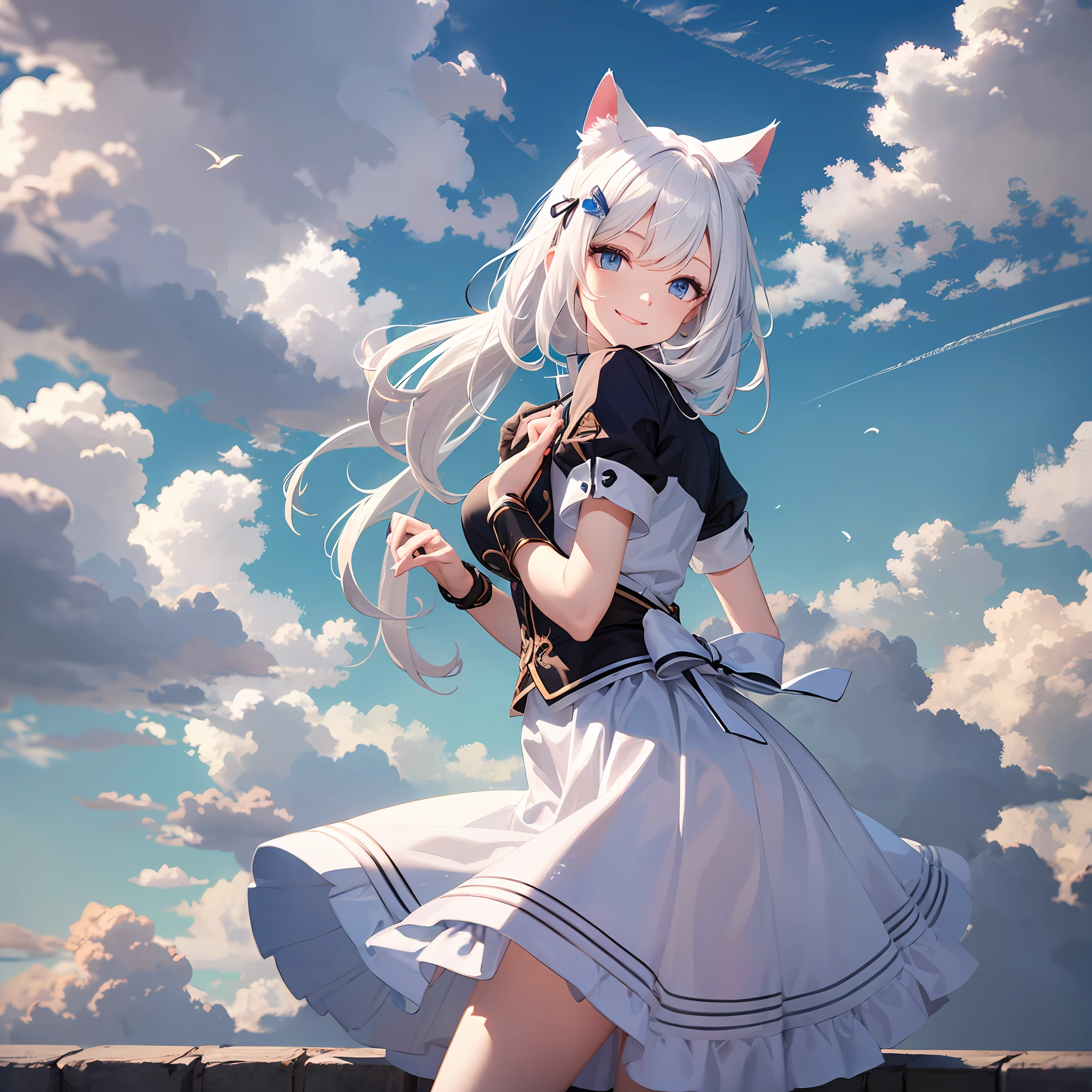 White hair, cat ears, blue eyes cute posture, white slip skirt breeze blowing, high definition, background blue sky and white clouds, posture looking back and smiling --auto --s2