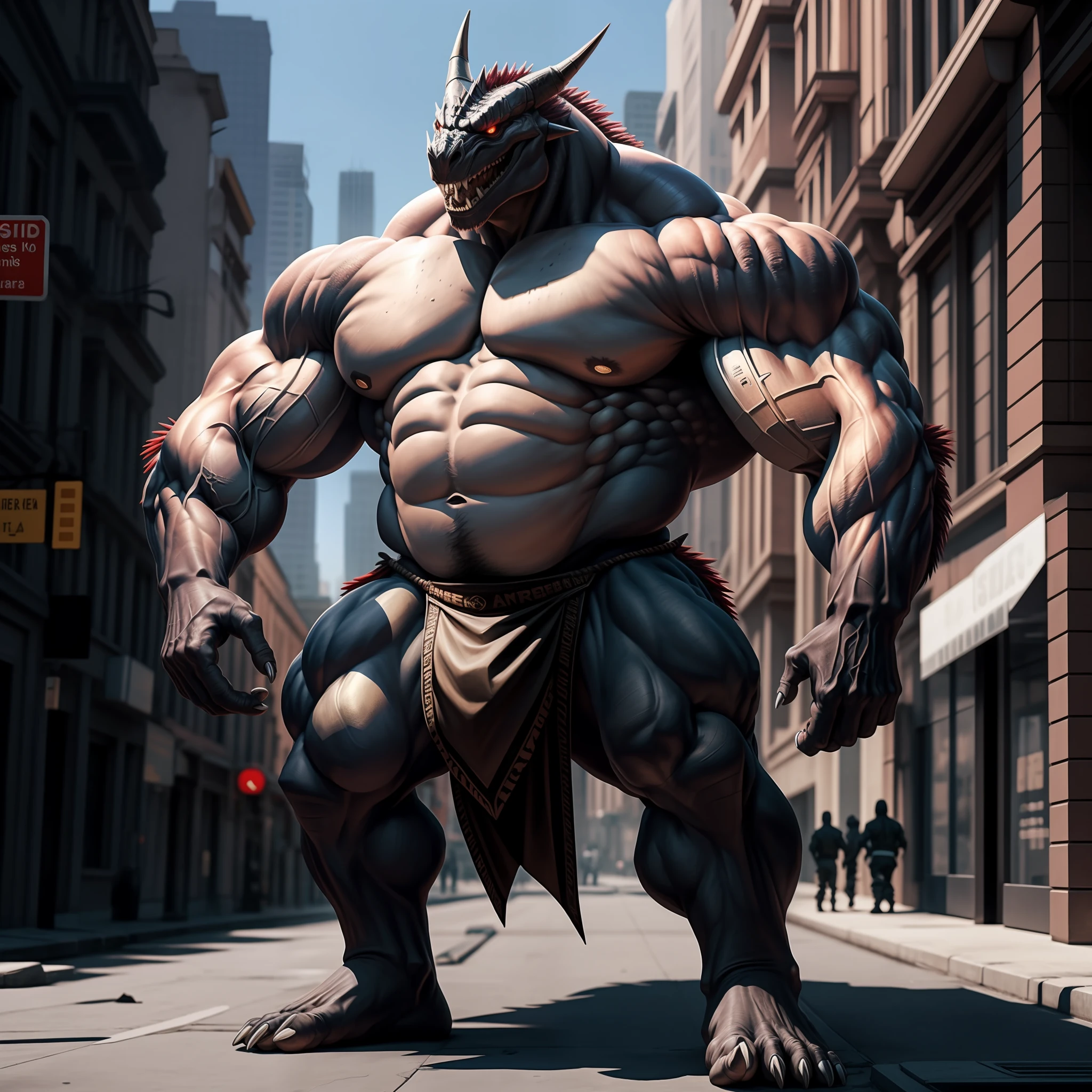 ((best qualtiy)),photography of, Cool pose, Smooth skin, Surrealist shadows, red colors, drak, Hphotorealistic, Rembrandt, vast pecs, The legs are muscular, loincloth, NSFW, knight-errant, oras, White belly, Larger body shape,massive biceps,Strong muscles,Muscle swelling,Black spiny tail,Small crowds,destroying city。
