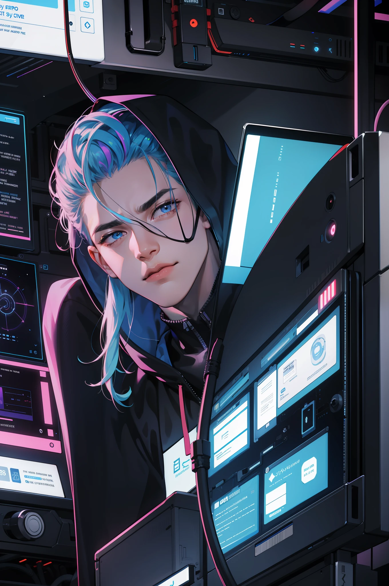 (absurdres, highres, ultra detailed), 1 male, mature, manly, tall muscular, handsome, finely detailed eyes, intricate details, portrait, looking at viewer, solo, half shot, detailed background, detailed face, (1980s synthwave theme:1.1)  high-tech futuristic hacker, smirk, advanced technology, hoodie, techwear, wearable device, keycard, cables,   (holographic display:1.05),   computer, password, control panel in background, blue lights,  dark sinister atmosphere, shadows,