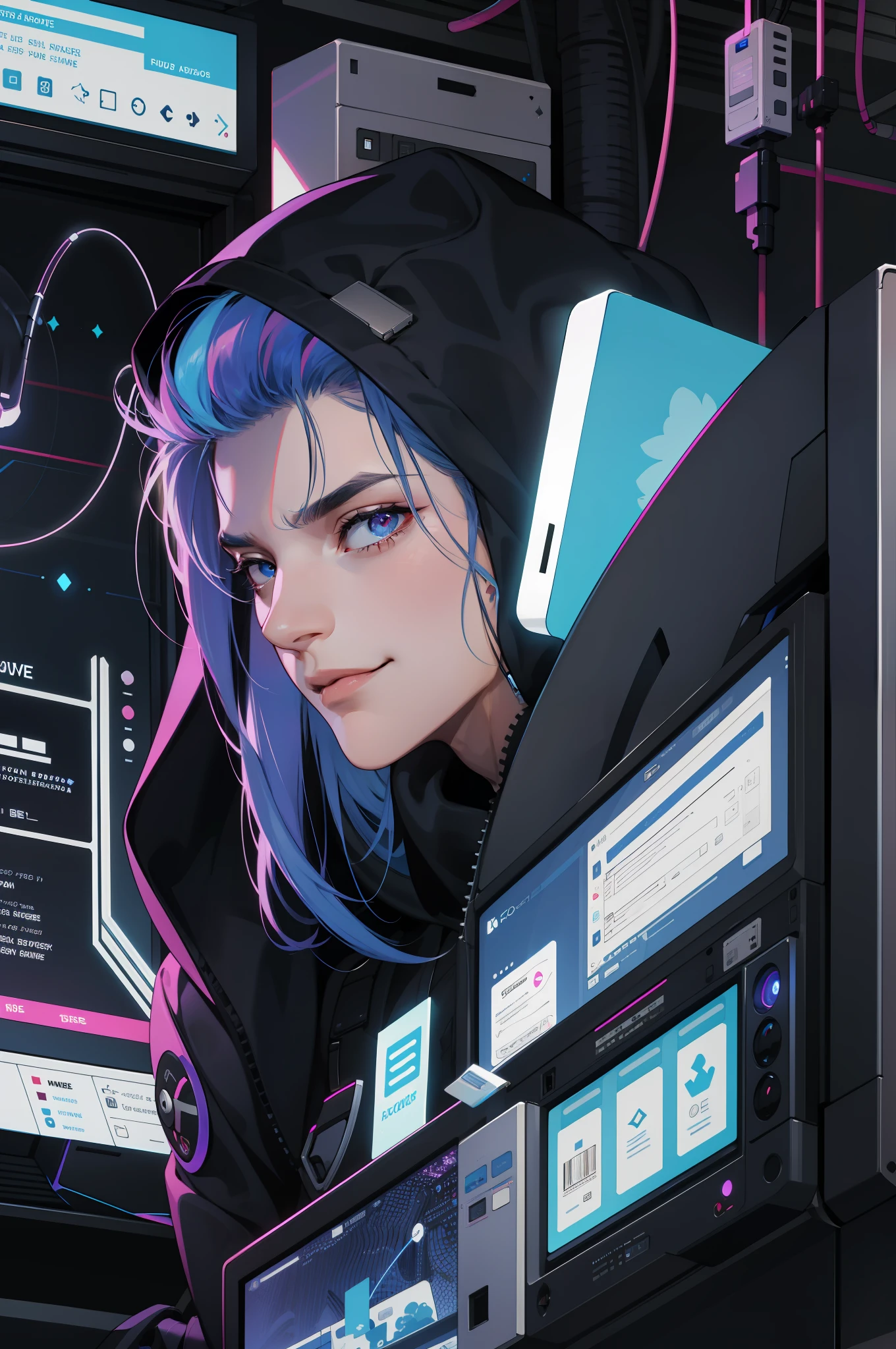 (absurdres, highres, ultra detailed), 1 male, mature, manly, tall muscular, handsome, finely detailed eyes, intricate details, portrait, looking at viewer, solo, half shot, detailed background, detailed face, (1980s synthwave theme:1.1)  high-tech futuristic hacker, smirk, advanced technology, hoodie, techwear, wearable device, keycard, cables,   (holographic display:1.05),   computer, password, control panel in background, blue lights,  dark sinister atmosphere, shadows,