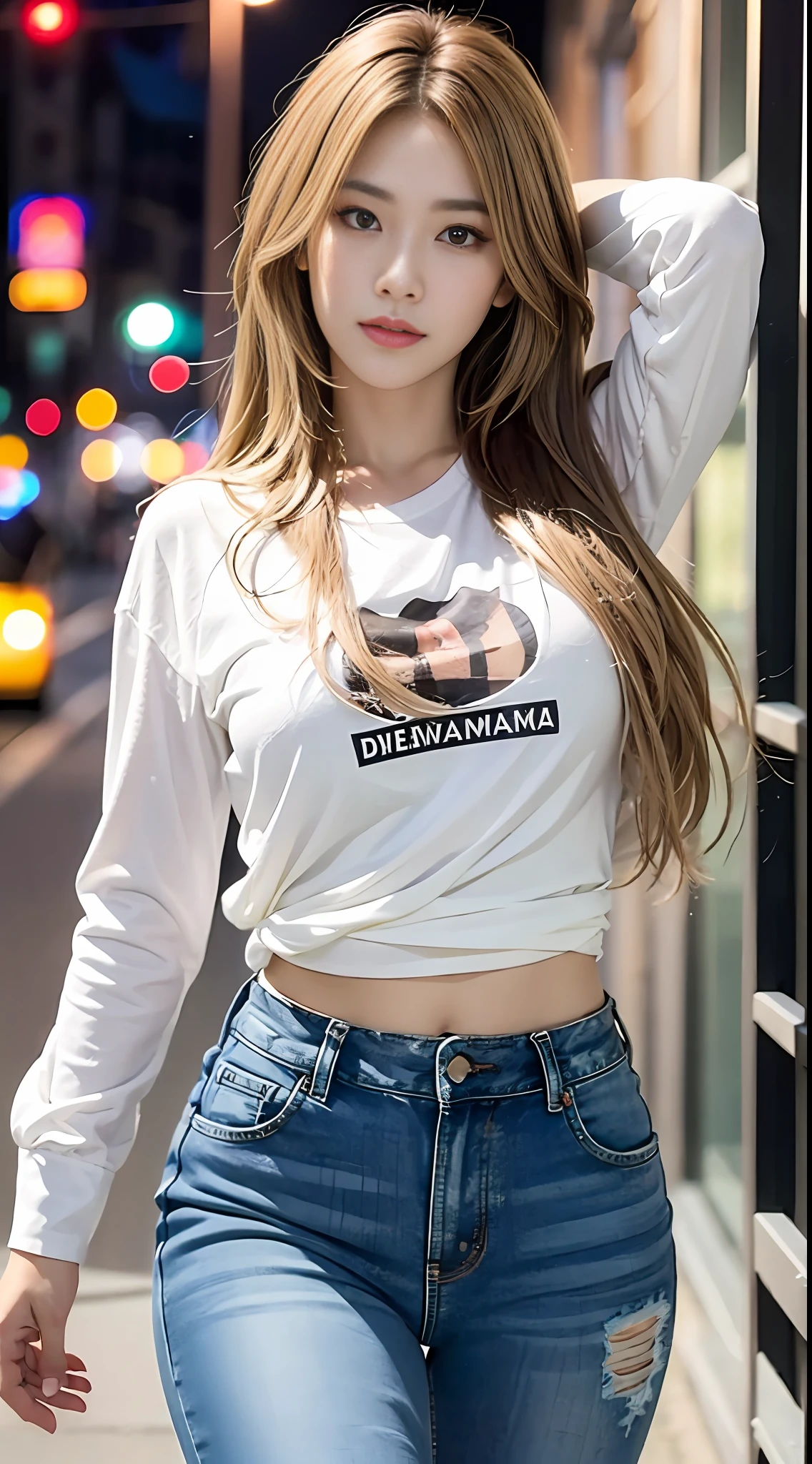 （（realistic illumination，Top  Quality，8K，tmasterpiece：1.3）），Clear focus：1.2，1个Giant Breast Girl，perfect figure beautiful woman：1.4，，（（Yellow hair，large pubis hair：1.3）），（Acceleration：1.4），（exteriors，the night：1.1），the street，Slender face，Long narrow eyes，二重まぶた，The  are exposed，Incredibly Ridiculous res，dishevelled hair，Floating hair，（long sleeve t-shirt，long jeans，：1.2）fashion model pose，