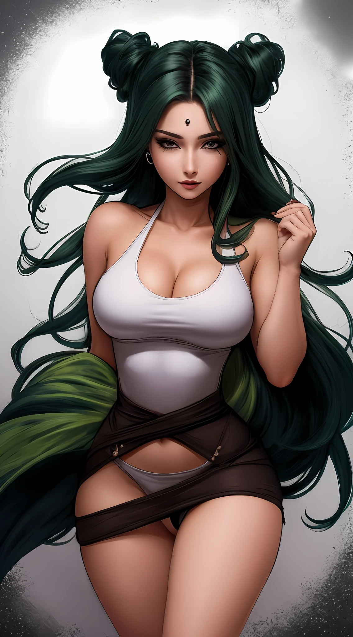 (obra-prima:1.4), (melhor qualidade), (detalhado) garota linda cabelo preto e branco e olhos verdes seio grande perna grossa bunda grande roupa apertada hentai