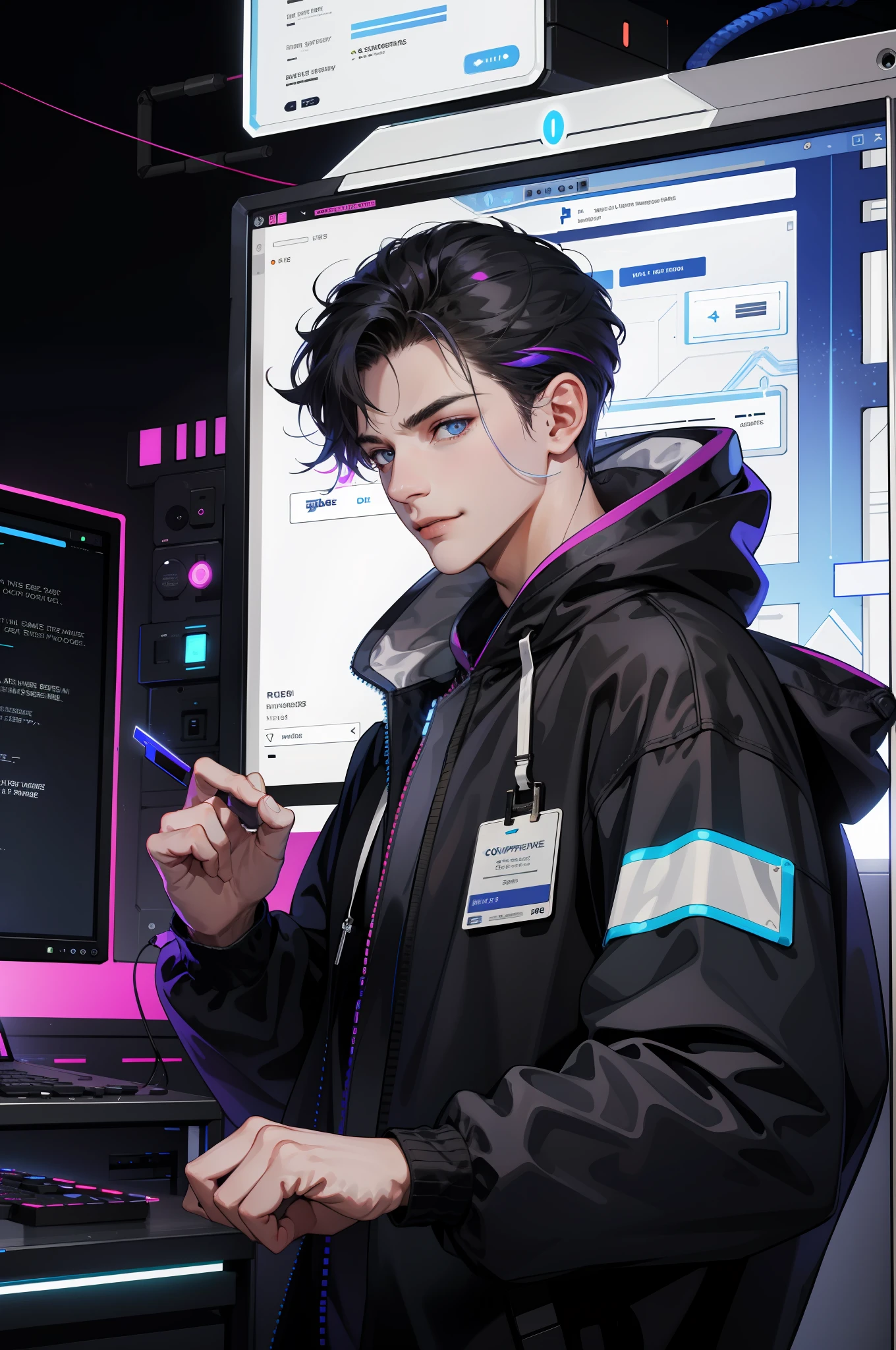 (absurdres, highres, ultra detailed), 1 male, mature, manly, tall muscular, handsome, finely detailed eyes, intricate details, portrait, looking at viewer, solo, half shot, detailed background, detailed face, (1980s synthwave theme:1.1) high-tech futuristic hacker, smirk, advanced technology, hoodie, techwear, wearable device, keycard, cables, (holographic display:1.05), computer, password, control panel in background, blue lights, dark sinister atmosphere, shadows,