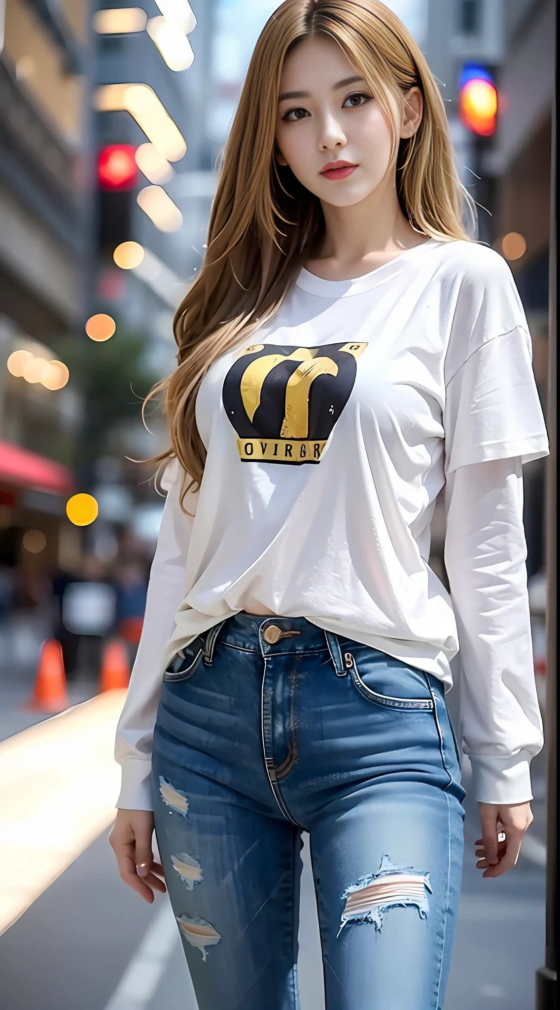 ((realistic illumination,Top Quality,8K,tmasterpiece:1.3)),Clear focus:1.2,1个Giant Breast Girl,perfect figure beautiful woman:1.4,,((Yellow hair,large pubis hair:1.3)),(Acceleration:1.4),(exteriors,the night:1.1),the street,Slender face,Long narrow eyes,二重まぶた,The are exposed,Incredibly Ridiculous res,dishevelled hair,Floating hair,(long sleeve t-shirt,long jeans,:1.2)fashion model pose,