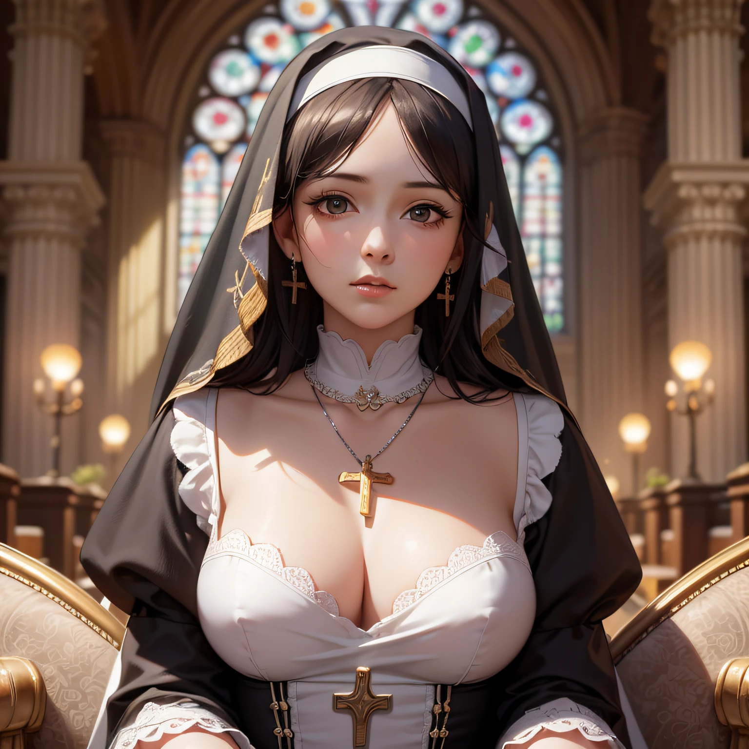 (((masterpiece))),(((best quality))),((amazing detail)),((8K wallpaper)),europe,medieval,victorian,oil,divine,soft light,nun,black hair,pearl earrings,Church background,cross necklace,medium breasts,realistic,the whole body,sitting