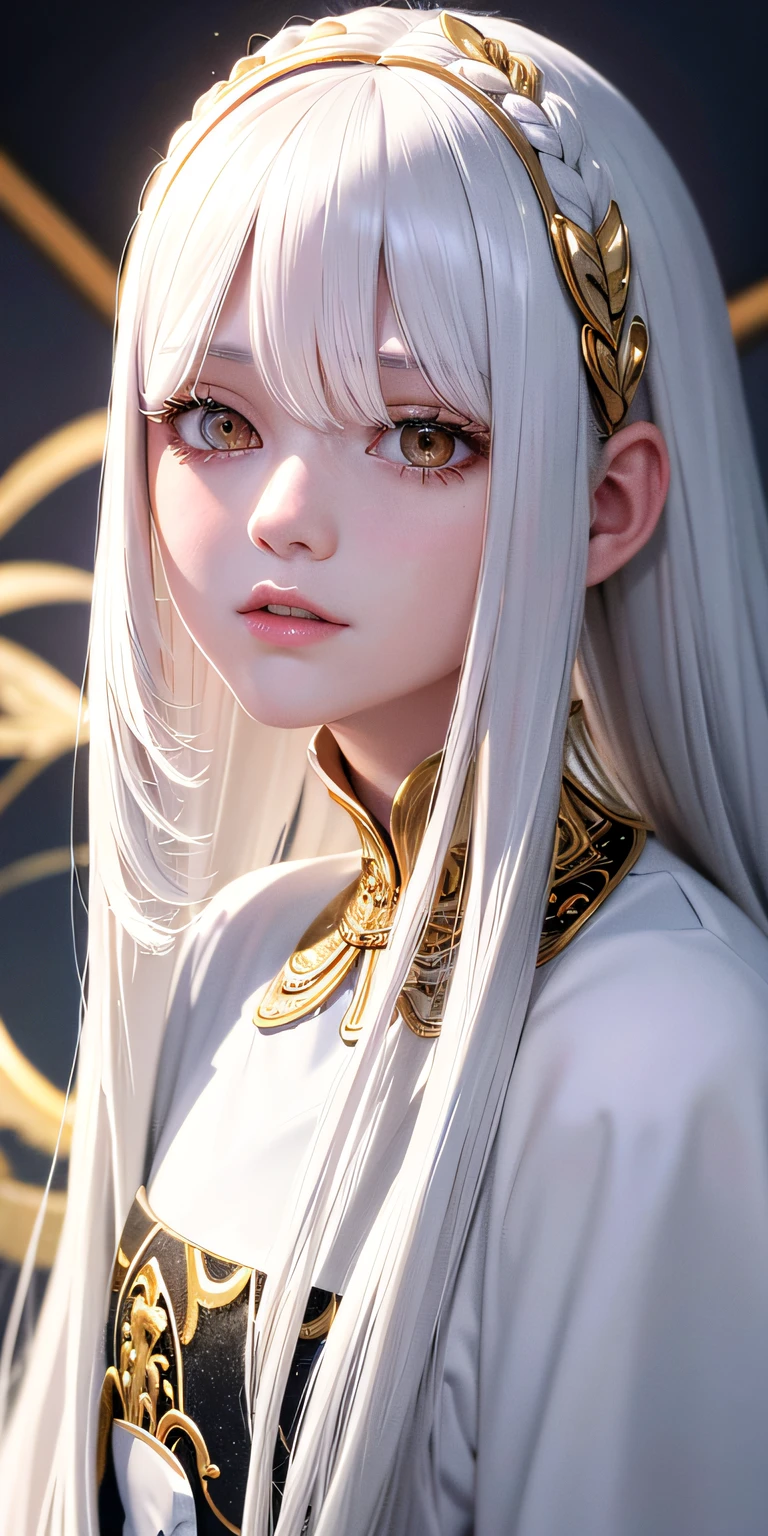 Excellent, masterpiece, white hair, golden eyes, white clothes, looking up, upper body, hair, fair skin, long hair