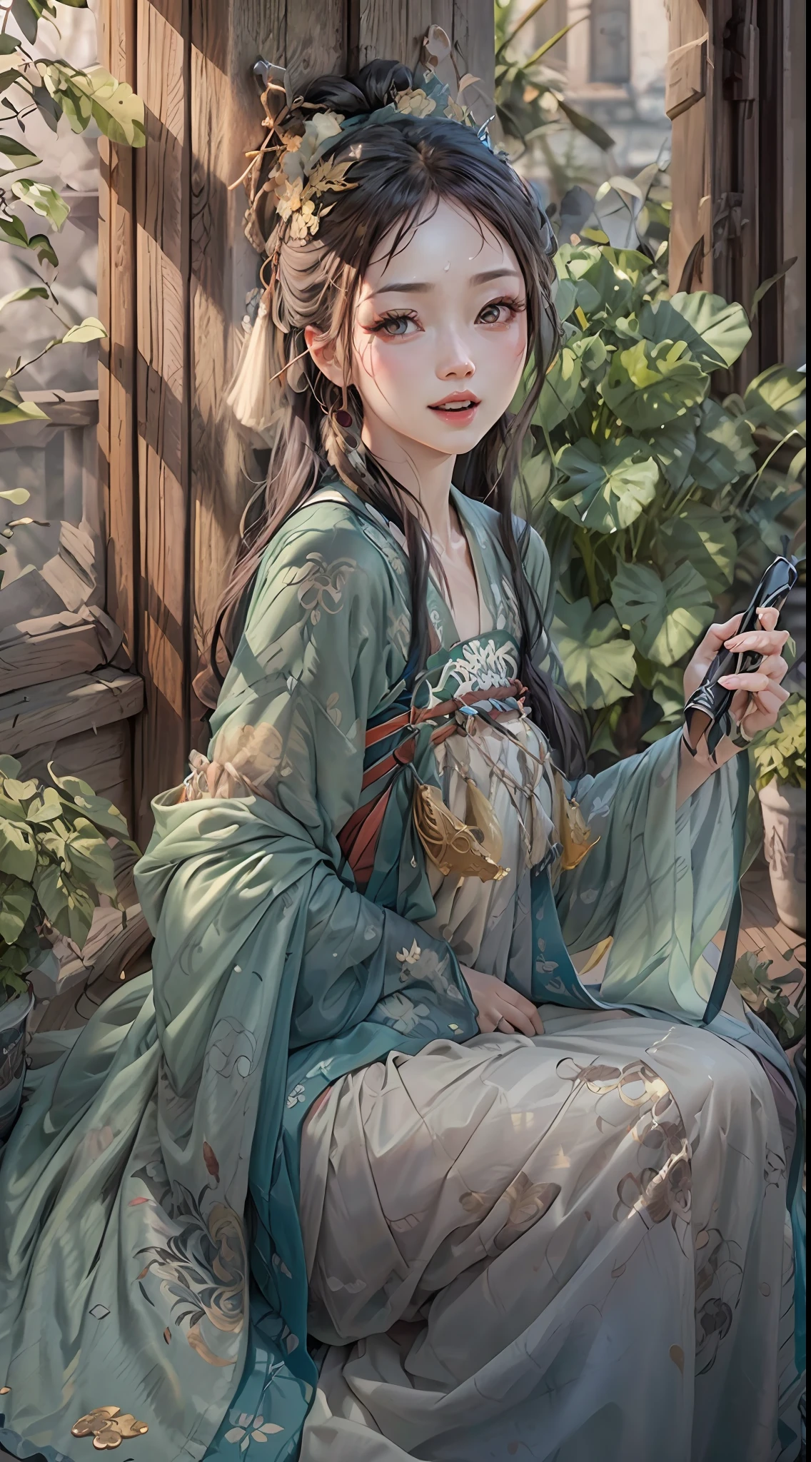(RAW Photo, Best Quality), (Realistic: 1.3), Best Quality, Highly Detailed, Masterpiece, Hyperdetail, Illustration, 1 Girl, upper_body, Dynamic Angle, World Mastery Theater, messy_long_hair, Best Quality, Extremely Detailed CG Unified 8k Wallpaper, Ink, Breathtaking, Cinematic Light, lens_flare, gufeng_style, Fantastic Big Eyes, Green Clothes, Tang Dynasty Hanfu, (Heavy makeup: 1.2), (Fan: 1.2), (laughs), (Gold leaf), Monstera, Bamboo, Sony main shot