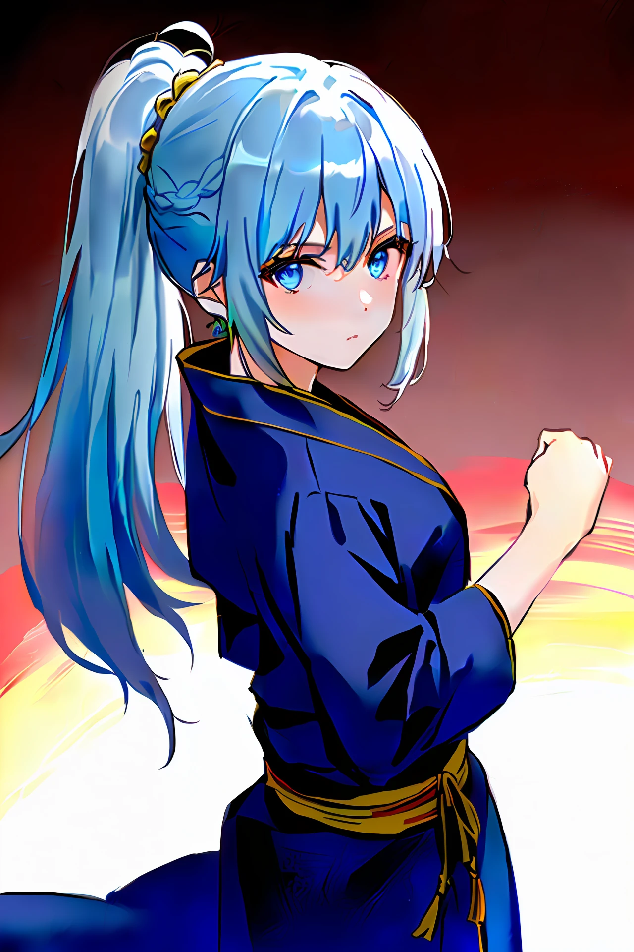 White hair, blue eyes, lady, high martial arts, blue robe, coiled hair