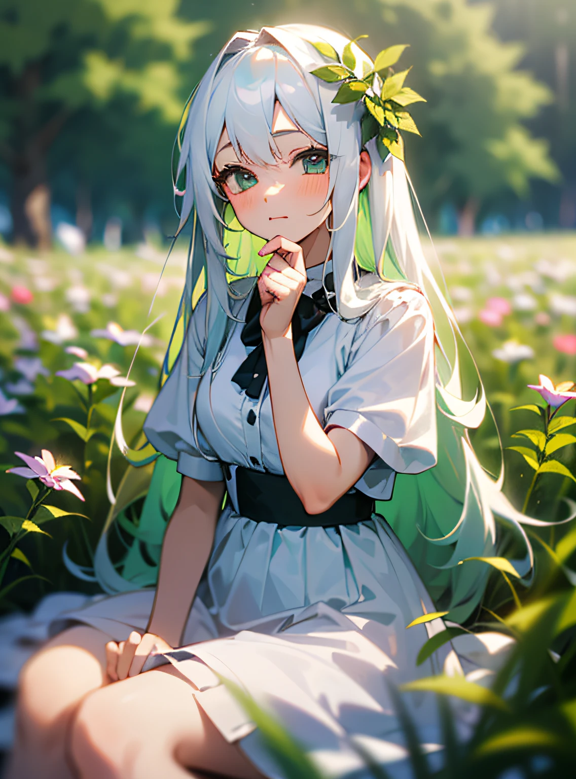 (masterpiece, top quality), one girl with long white hair sitting in a field of green plants and flowers, hand under chin, warm lighting, white dress, blurry foreground, li, lightly dressed