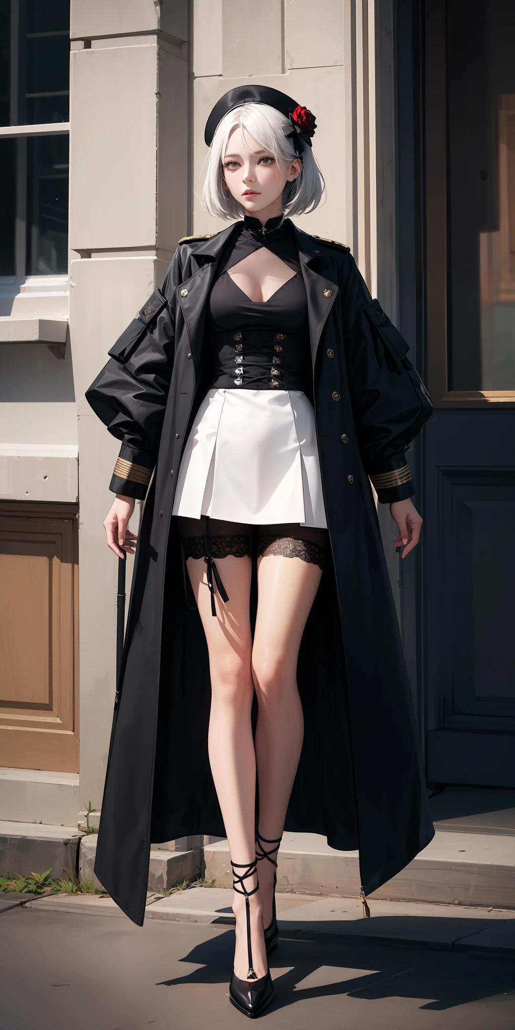 1girll,white color hair,Wear a black flower on your head,Wearing a black gauze tights,Wear a black wristband,Black lace-up heels,Wearing a black military uniform overcoat,The inside of the coat is red,perfectly proportioned, Cinematic lighting, filmgrain, Fujicolor, lightand shade contrast, 8K, 巨作, Textured skin, Super detail, hoog detail, High quality, A high resolution,