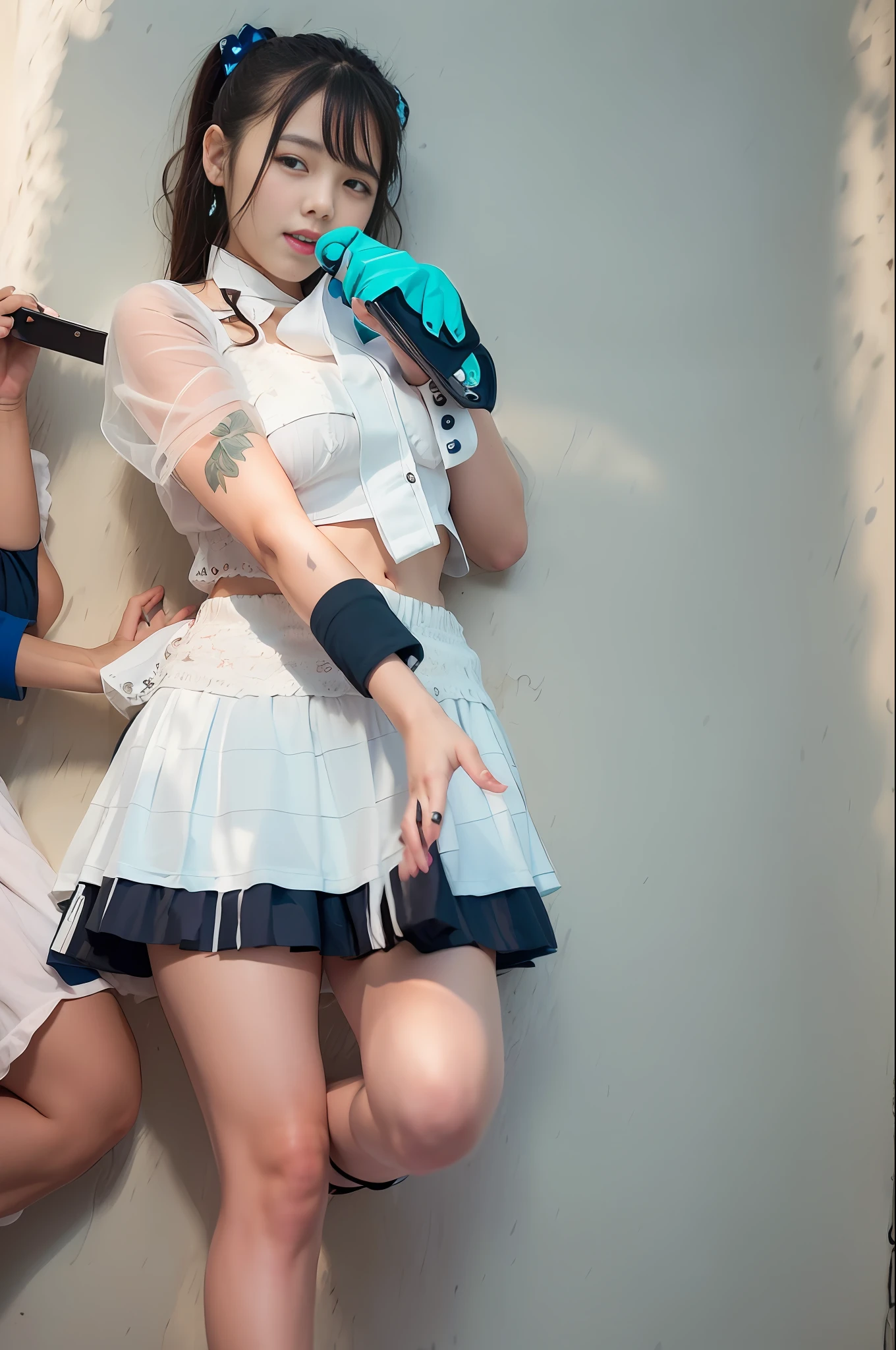 arafed asian woman in a white top and blue shorts leaning against a wall, photo of slim girl model, Gorgeous young Korean woman, Photo of slim girl, Korean Girl, wearing crop top, beautiful Korean women, Beautiful young Korean woman, Beautiful midriff, Wearing a sexy cropped top, Sultry body with sexy belly, thin waist