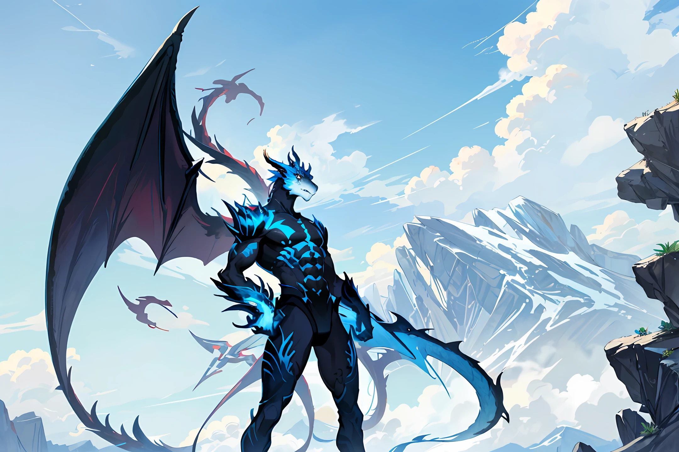 blue colors,nakeness,male anthro-dragon,Standing in the sky