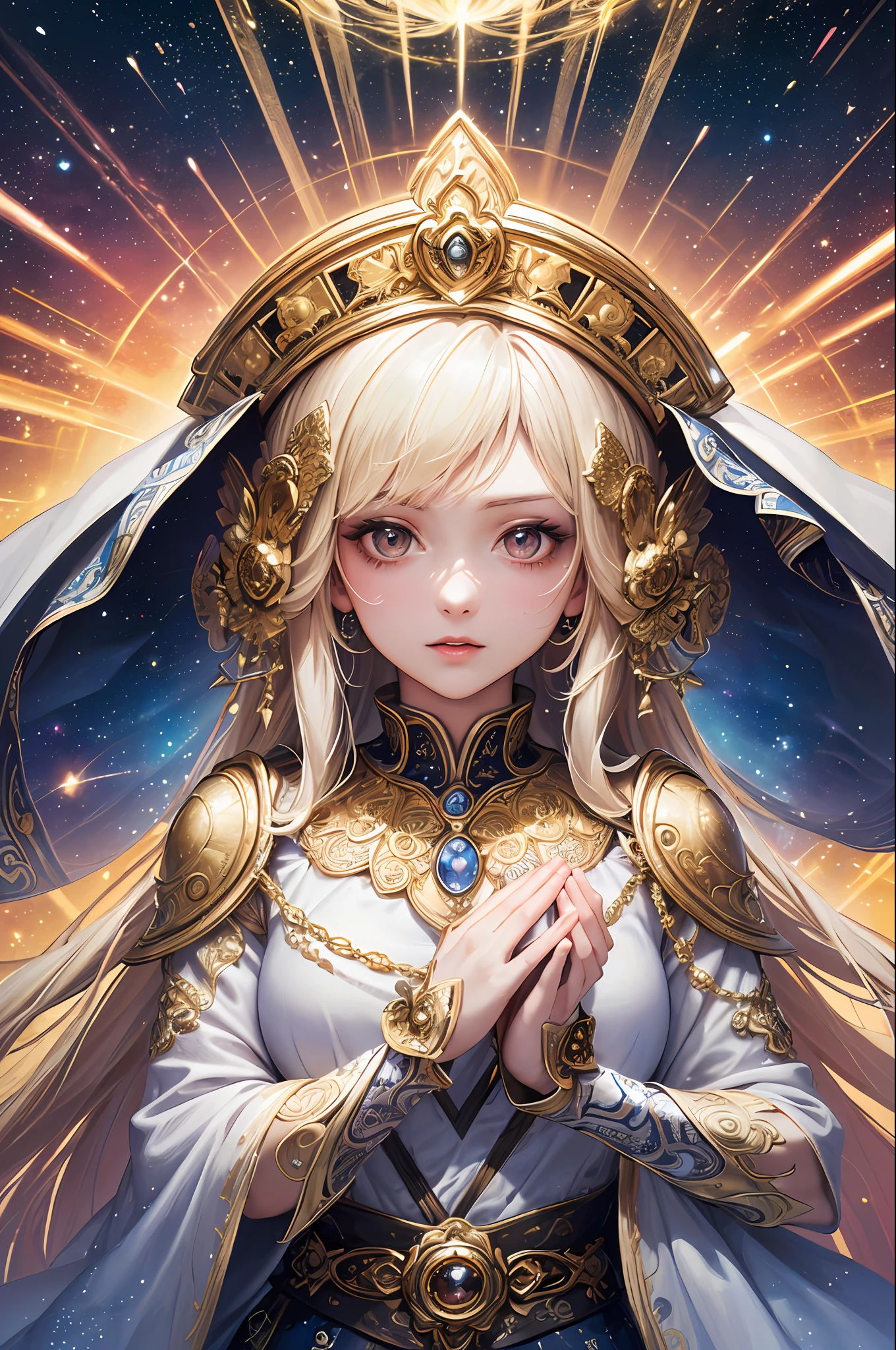 (masterpiece, top quality, best quality, official art, beautiful and aesthetic:1.2), (1girl), extreme detailed, (fractal art:1.3), colorful, highest detailed, perfect face, upper body, HDR, (praying:1.3), (white cloak golden lines:1.2), galaxy, (light streaks), striking visuals, (dynamic streaks, luminous trails:1.2), vibrant colors,