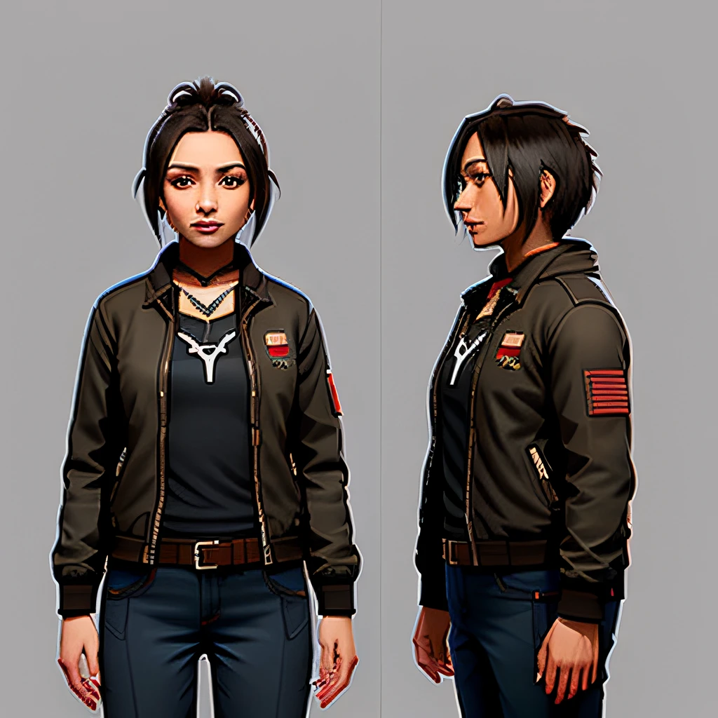 multiple views of the same character in the same outfit, A character turnaround of a woman wearing a black jacket and red shirt, best quality, intricate details, chromatic aberration, 1girl, long hair, black hair, messy hair, red highlights, hair over one eye, red eyes, sharp eyes, choker, neon shirt, torn legwear, open jacket, (simple background, white background:1.3)