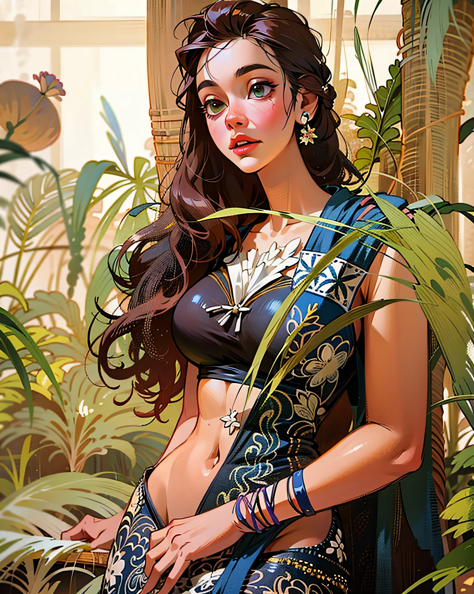 a hyper-realistic portrait of a young woman, under a tree, inside a forest, in the middle of nature, 22 years old, realistic, (lying on her side), sexy, (huge breasts 2:1), short brown hair, (hair tied with bows), curved, SFW