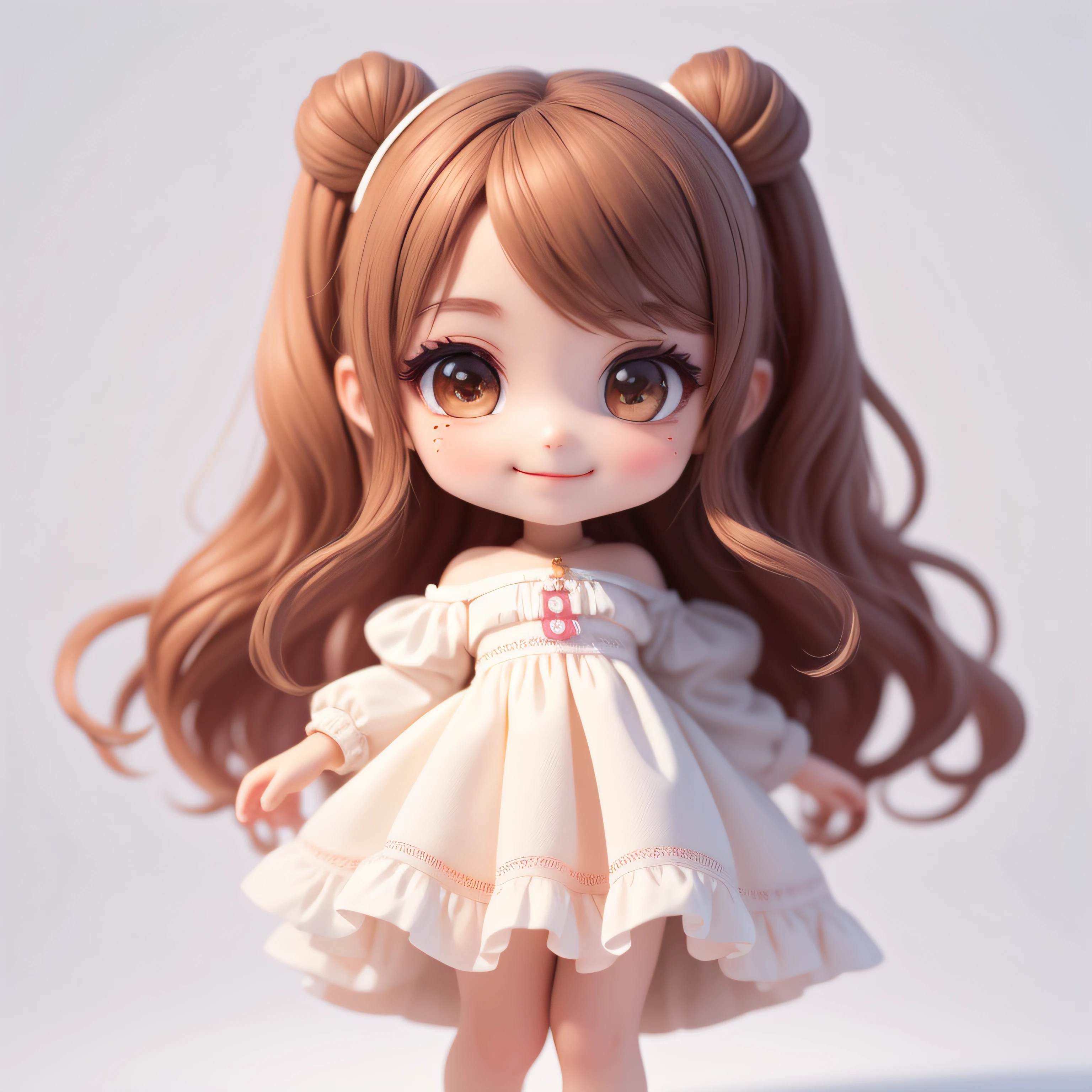 (Masterpiece), (Best Quality), (Ultra Detailed), (Full Body: 1.2), Chibi, Cute, Morning Light, White Background, Holding Ice Cream Cone, Front View, Bokeh, Supersaturated, Color Contrast: 1.1, Surreal, Digital Art, Art Station, 1 Girl, Smile, Brown Wavy Long Hair, Brown Eyes, White Dress with Ruffles, Off-the-Shoulders, Blush, (Beautiful Detailed Face)