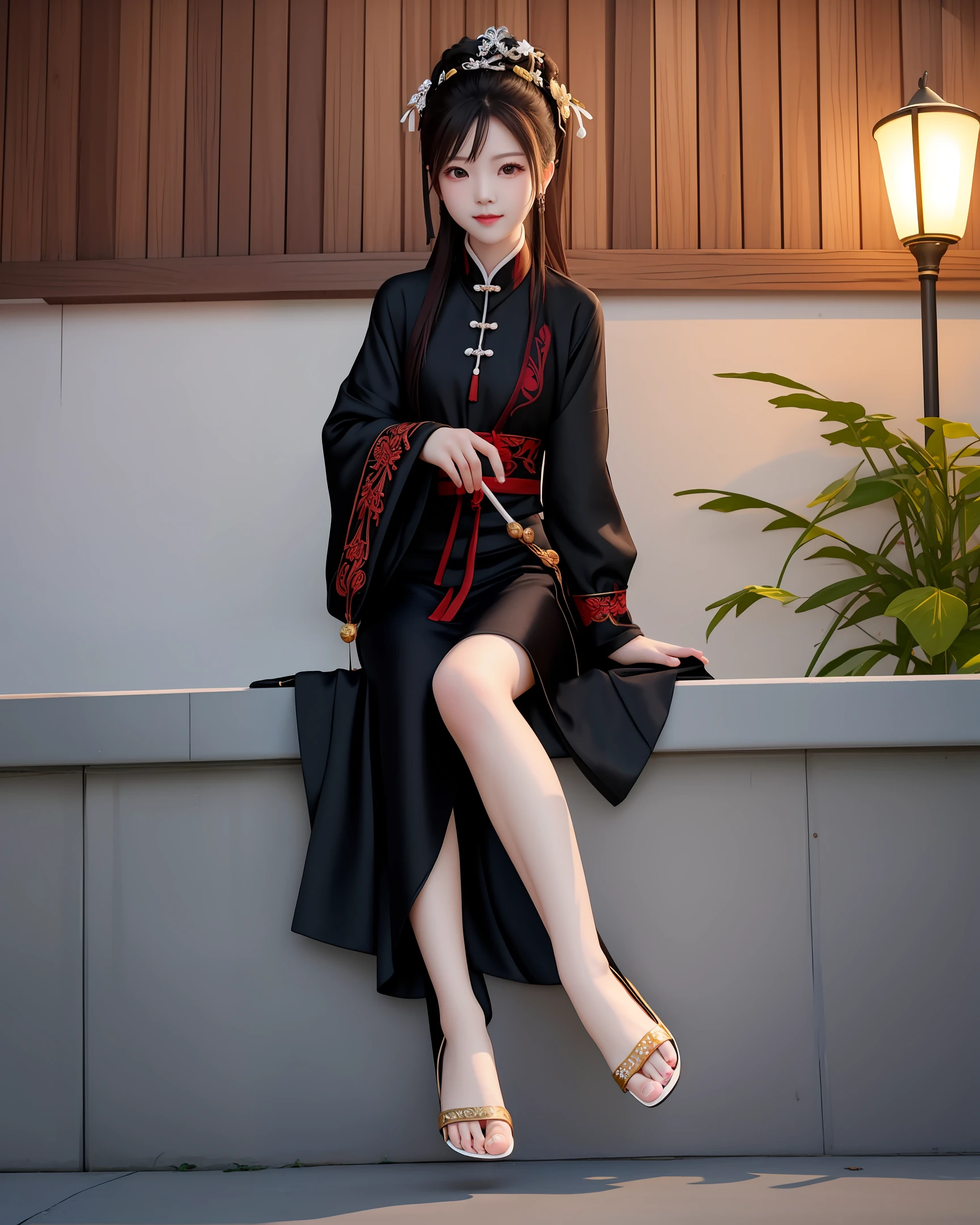 Beautiful feet, black silk, toes, dumplings, sitting on the wall, cold and beautiful, Sister Zhou