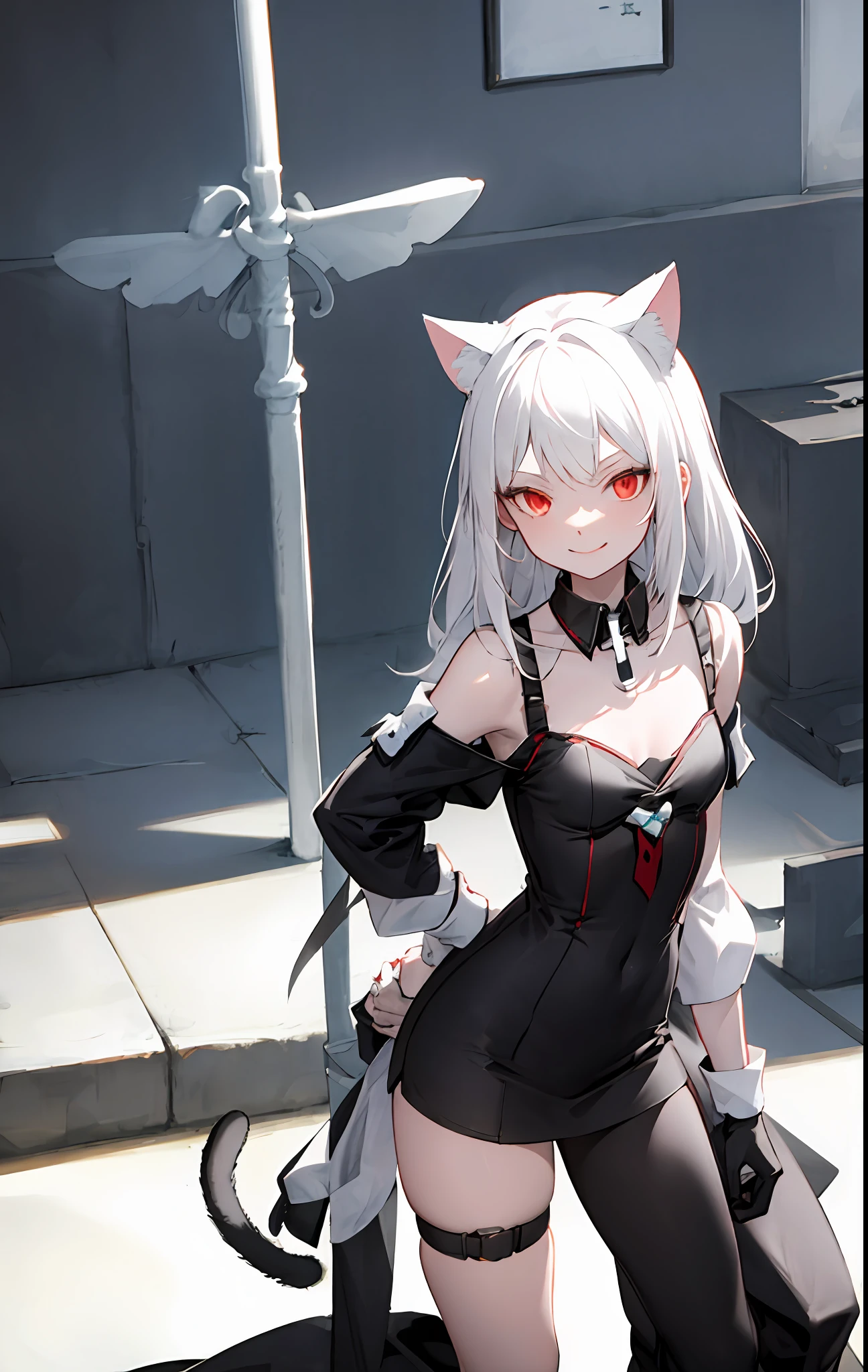 White hair,Two-dimensional,hugetits,swim wears,cat ear,red pupil,leg loops,Lori huge breasts cleavage,Collar