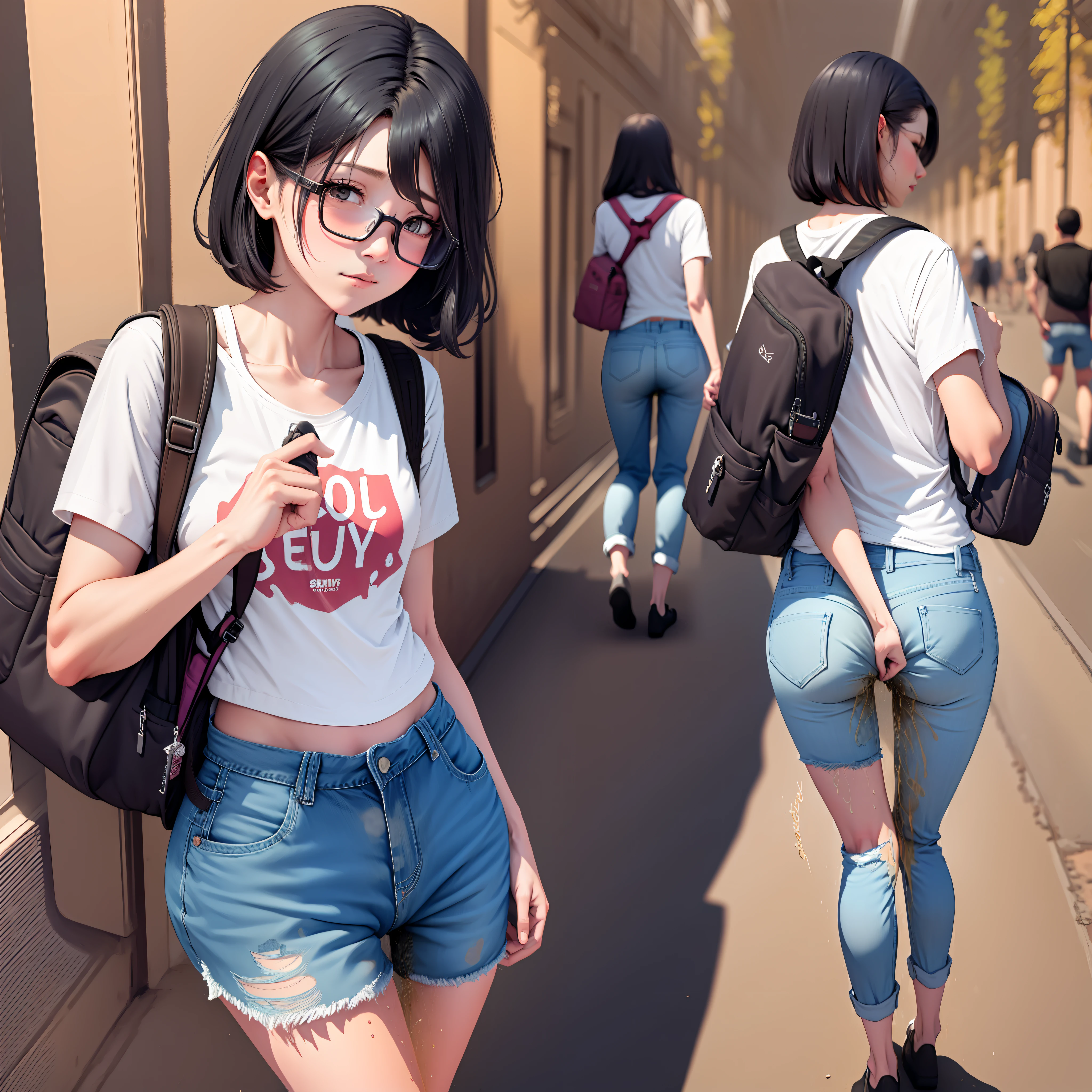 seductiv, backpacks,, Pee （with short black hair，hugetits，denim short）lots of people